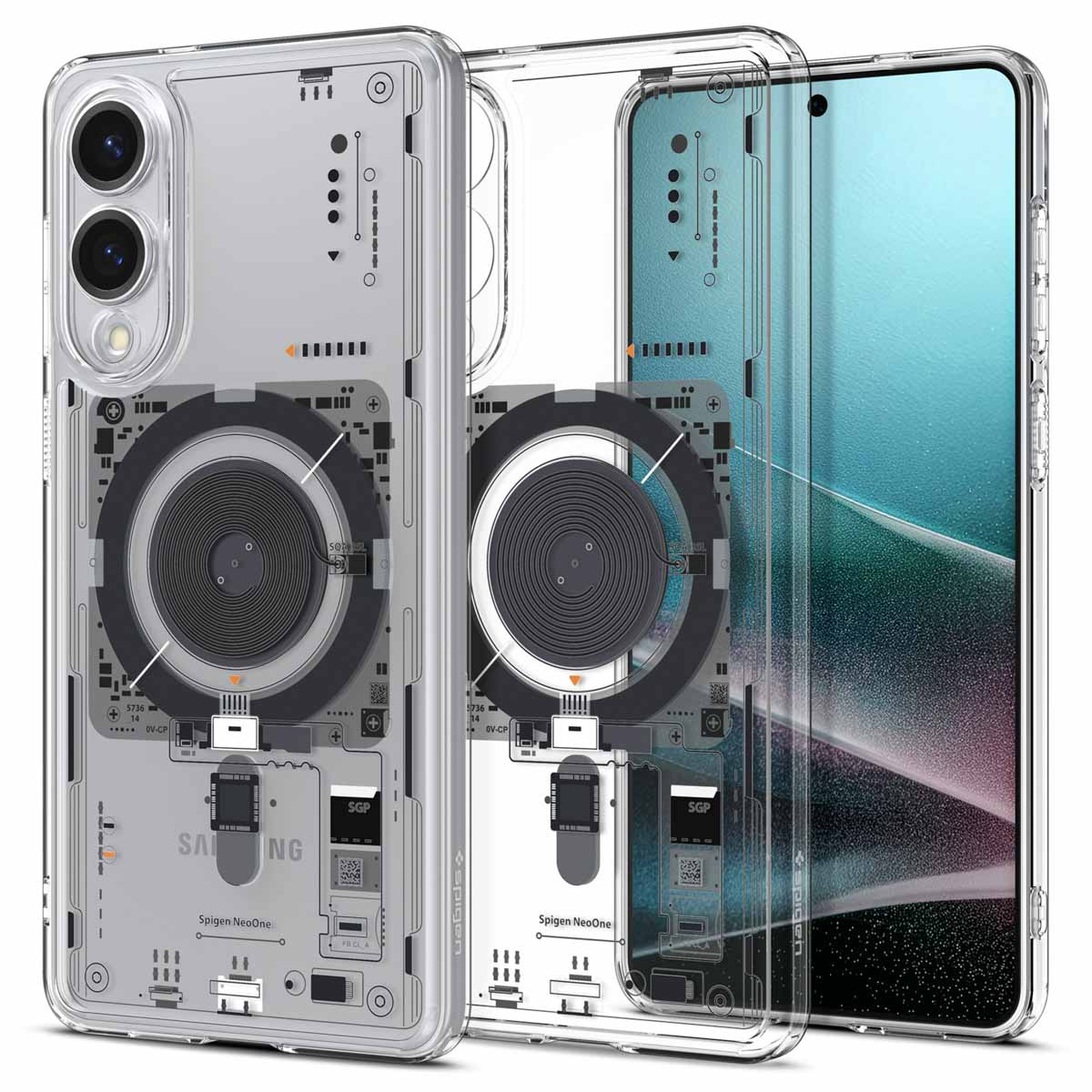 Transparante telefoonhoes met printplaatontwerp, componenten tonend.