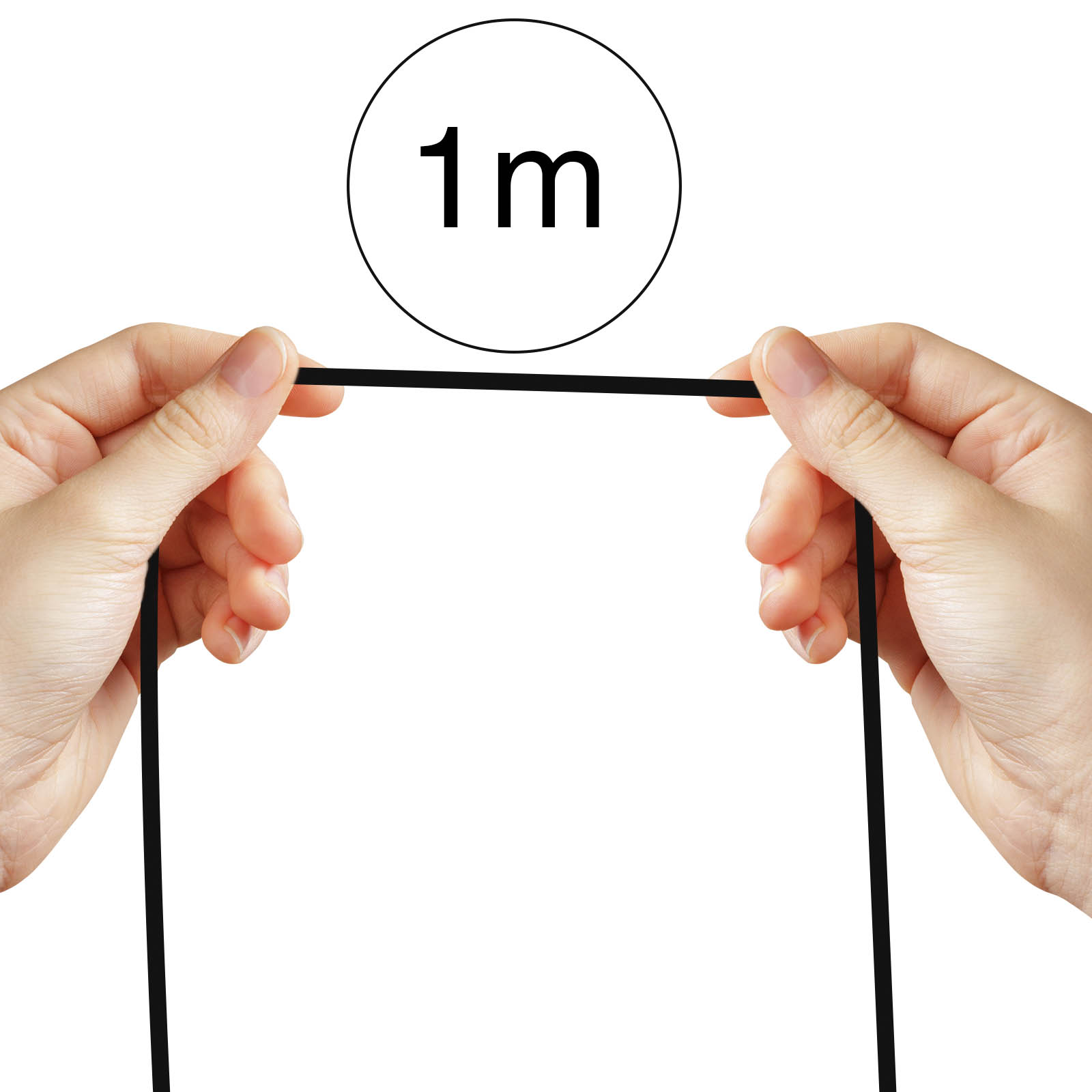 Deux mains tenant une ficelle noire, avec un cercle au-dessus indiquant '1m' en noir, sur fond blanc.
