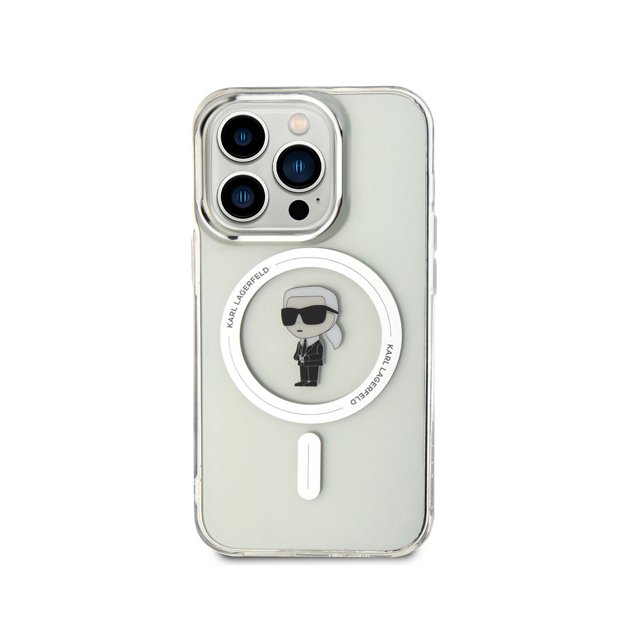 Transparente Handyhülle mit Karl Lagerfeld Figur auf weißem Ring. iPhone 13 Pro Max im Inneren.