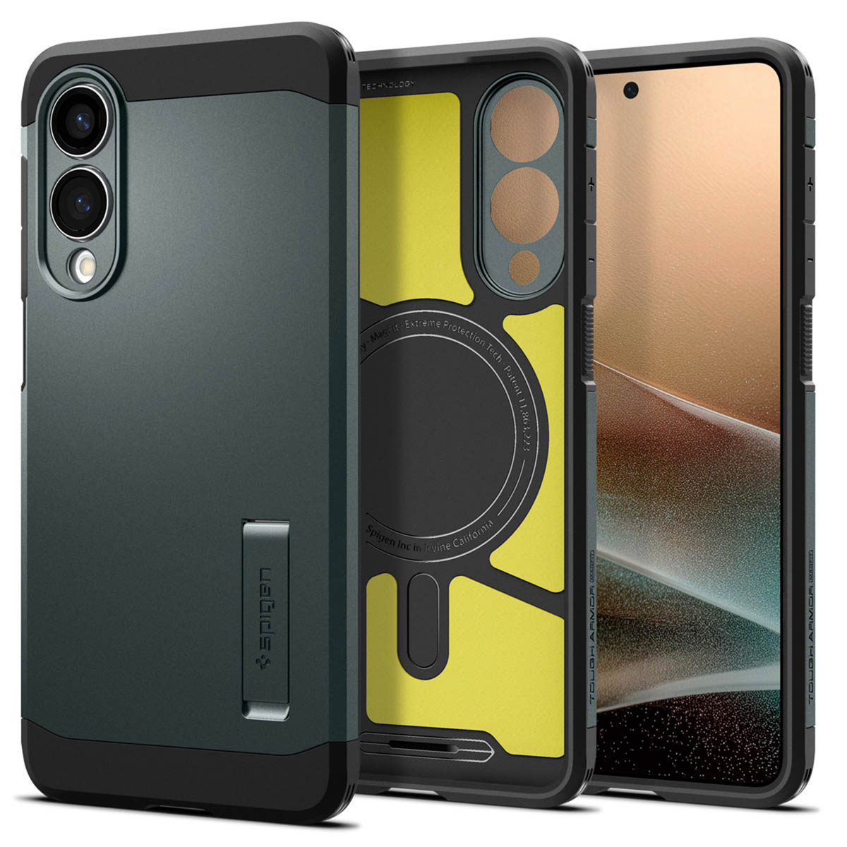 Trois coques de téléphone, une avec un téléphone à l'intérieur. Coques noires et vertes. Fond blanc.