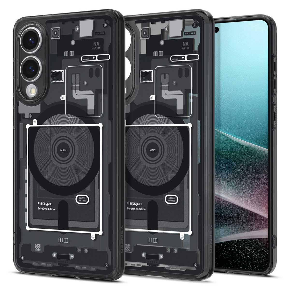 Drie zwarte telefoonhoesjes met transparante achterkanten. Tonen interne componenten. Witte achtergrond.