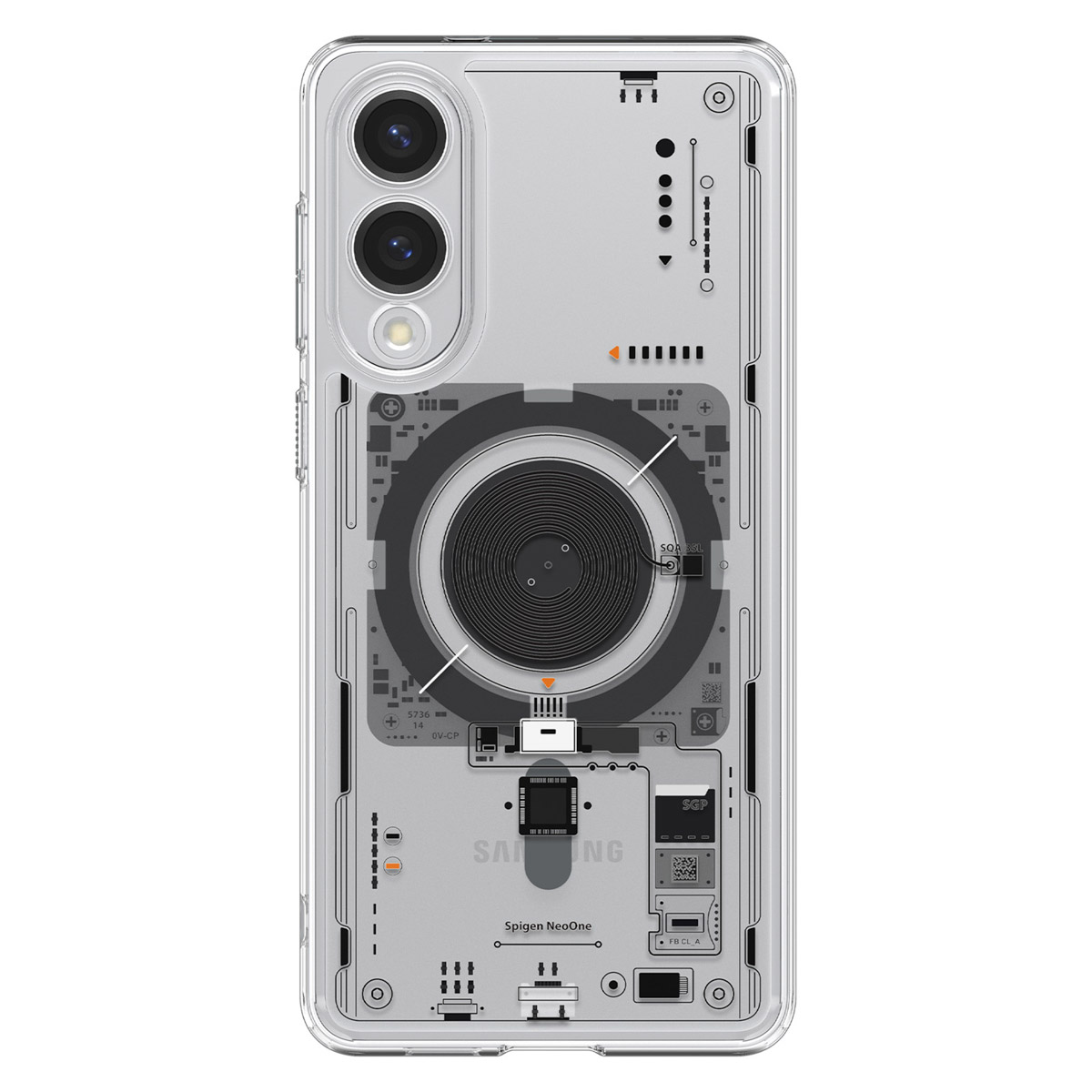 Transparante telefoonhoes met printplaatontwerp, met camera.
