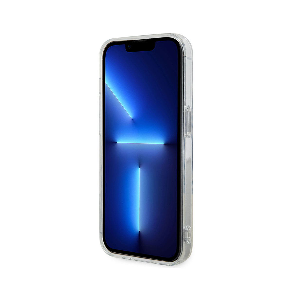 Transparente Handyhülle mit Telefon, abgewinkelte Ansicht. Zeigt den Bildschirm. Weißer Hintergrund.