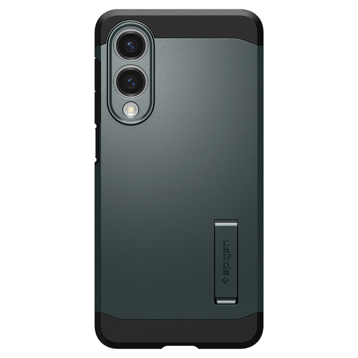 Coque de téléphone noire et verte, vue en angle. Montre la bosse de la caméra et les boutons latéraux.