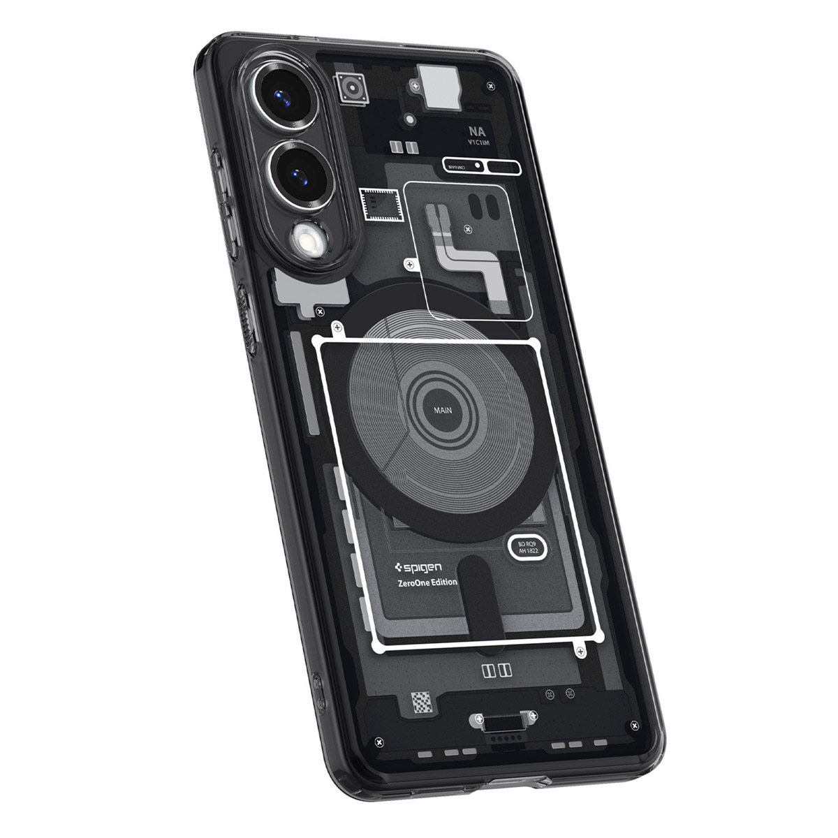 Zwarte telefoonhoes met transparante achterkant, interne componenten tonend. Schuine weergave.