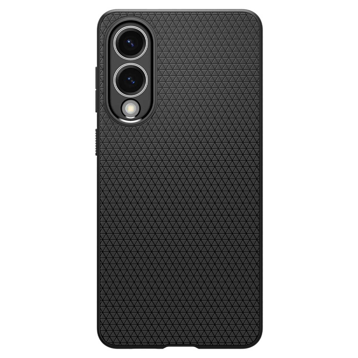 Coque noire avec surface texturée et bosse de la caméra. Fond blanc.