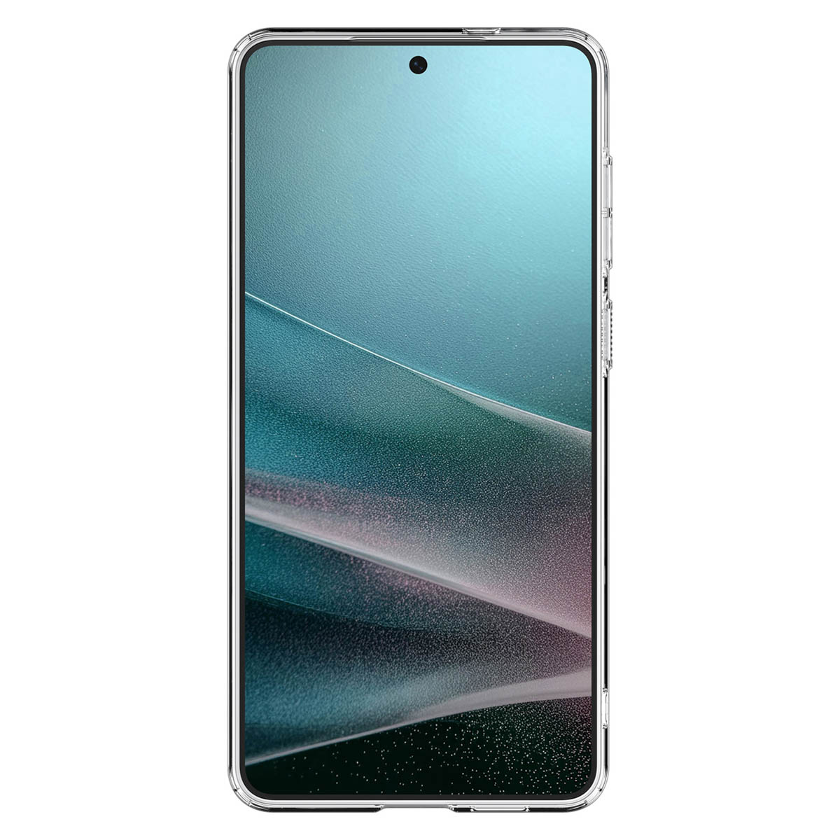 Een smartphone, vooraanzicht. Het scherm staat aan, met blauwe en groene tinten.