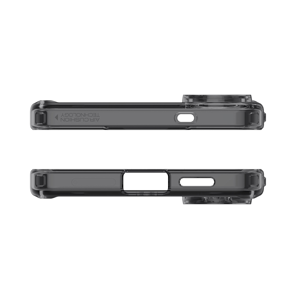Twee transparante telefoonhoesjes met zijprofielen. Zwarte accenten. Air Cushion technologie.