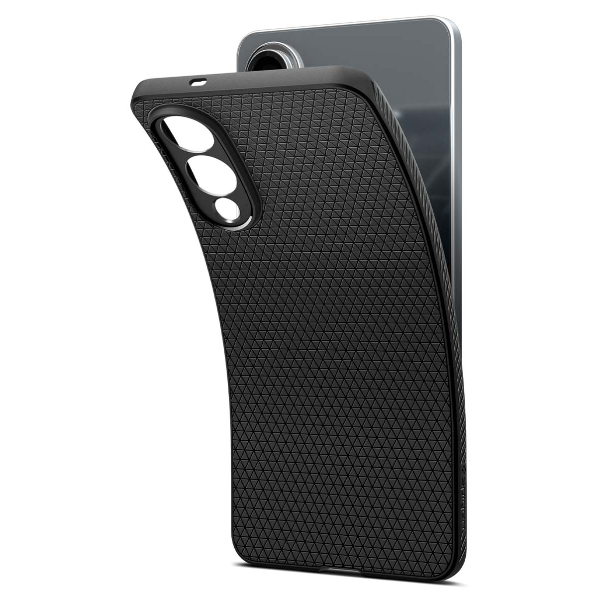 Smartphone avec un étui noir. Le téléphone est incliné, montrant l'arrière texturé.