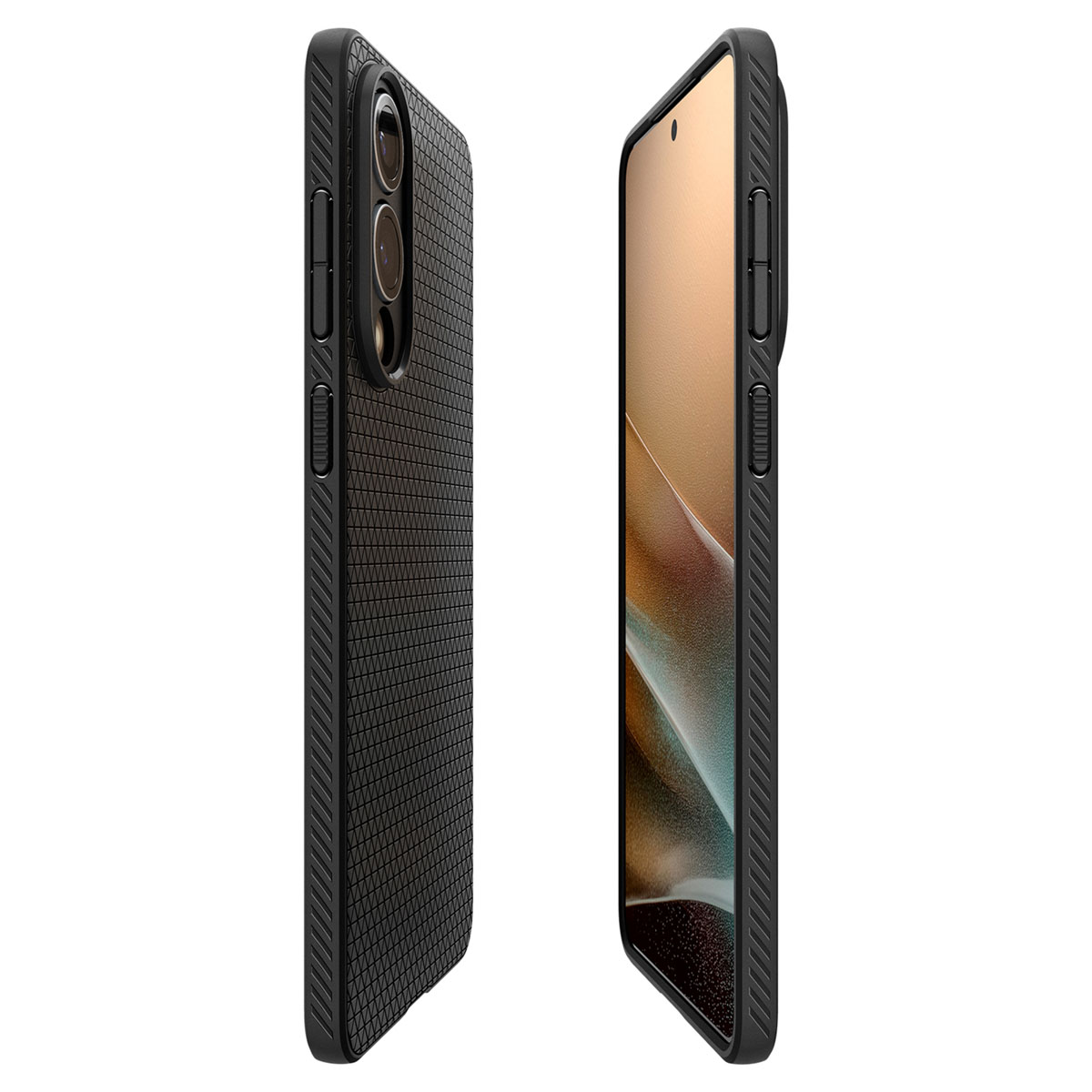 Deux téléphones avec des étuis noirs texturés, côte à côte. L'un montre l'écran, l'autre le dos.