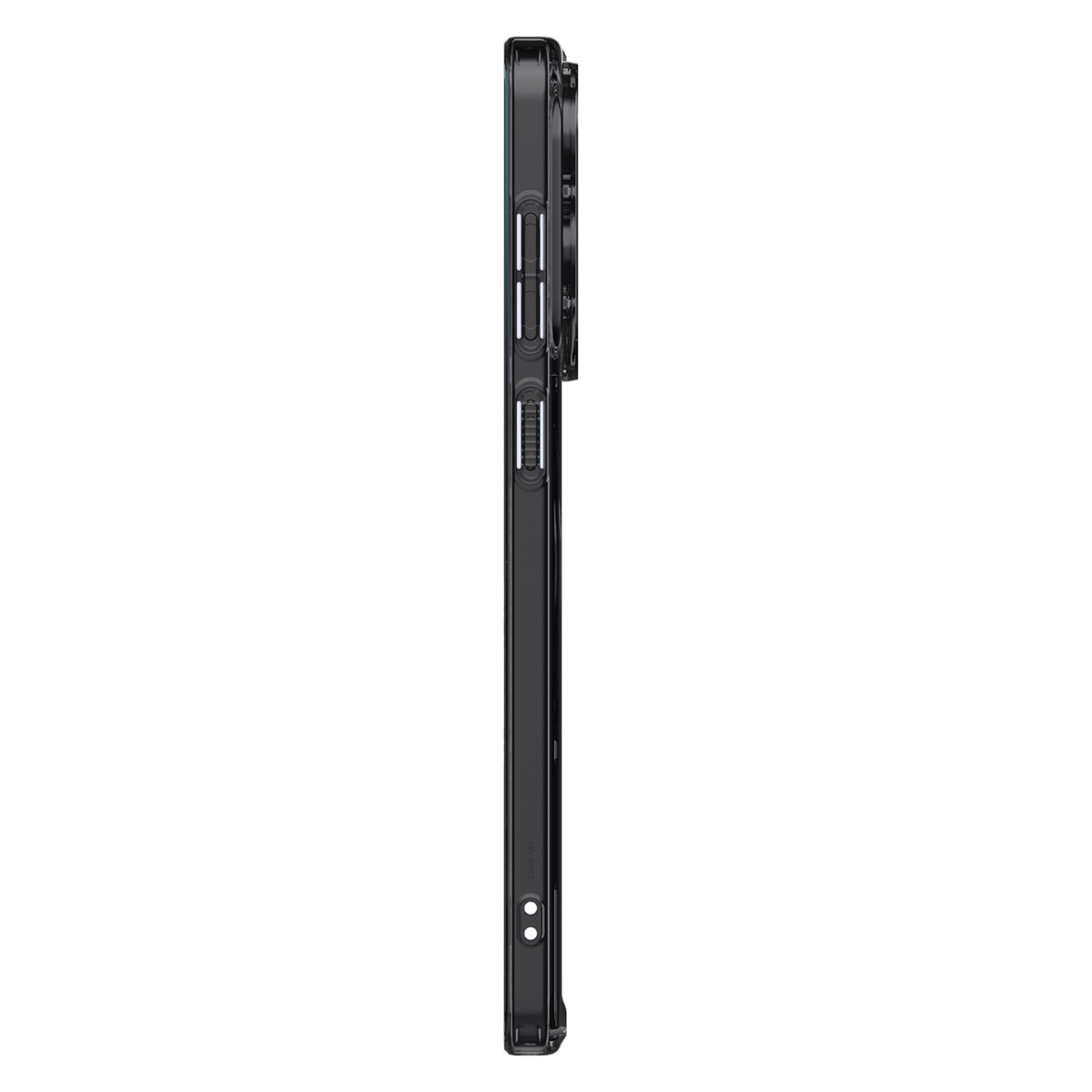 Smartphone in een doorzichtige case, zijaanzicht. De case heeft knoppen en een camera-uitsparing.