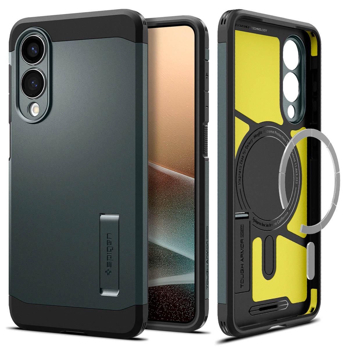 Trois vues d'une coque, montrant un dos vert et un cadre noir. Avec un support.