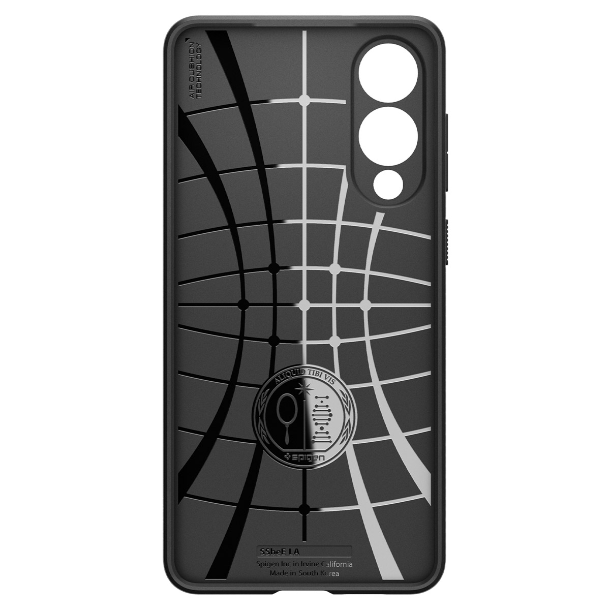 Coque de téléphone noire avec un design en grille. Le logo Spigen est visible au centre.