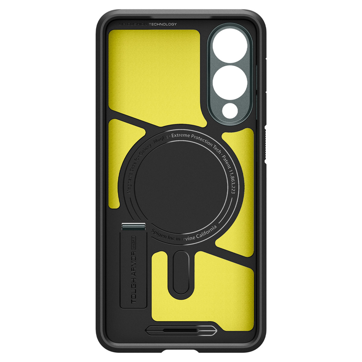 L'intérieur d'une coque, montrant un intérieur jaune et un cadre noir avec un support.