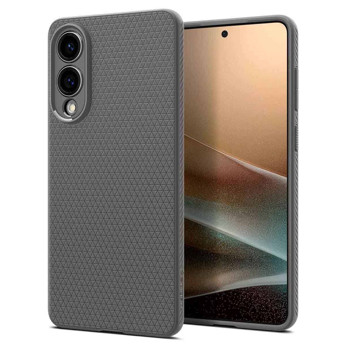 Een telefoonhoesje met een grijze, getextureerde achterkant, met de camera en het zijkantprofiel.