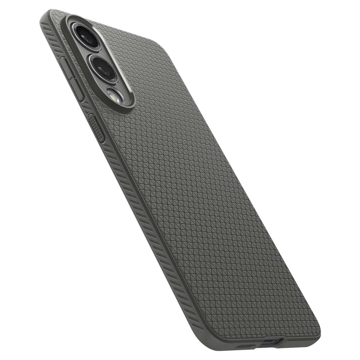 Grijze telefoonhoes met een getextureerd oppervlak. De telefoon heeft drie camera's en knoppen aan de zijkant.