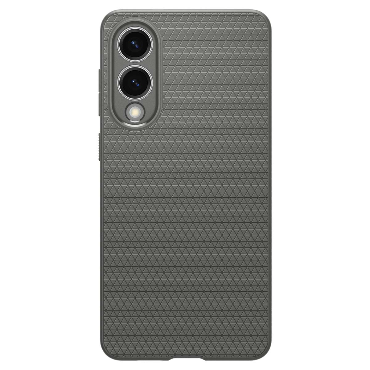 Grijze telefoonhoes met een getextureerd oppervlak. De telefoon heeft een camera-opstelling en knoppen aan de zijkant.