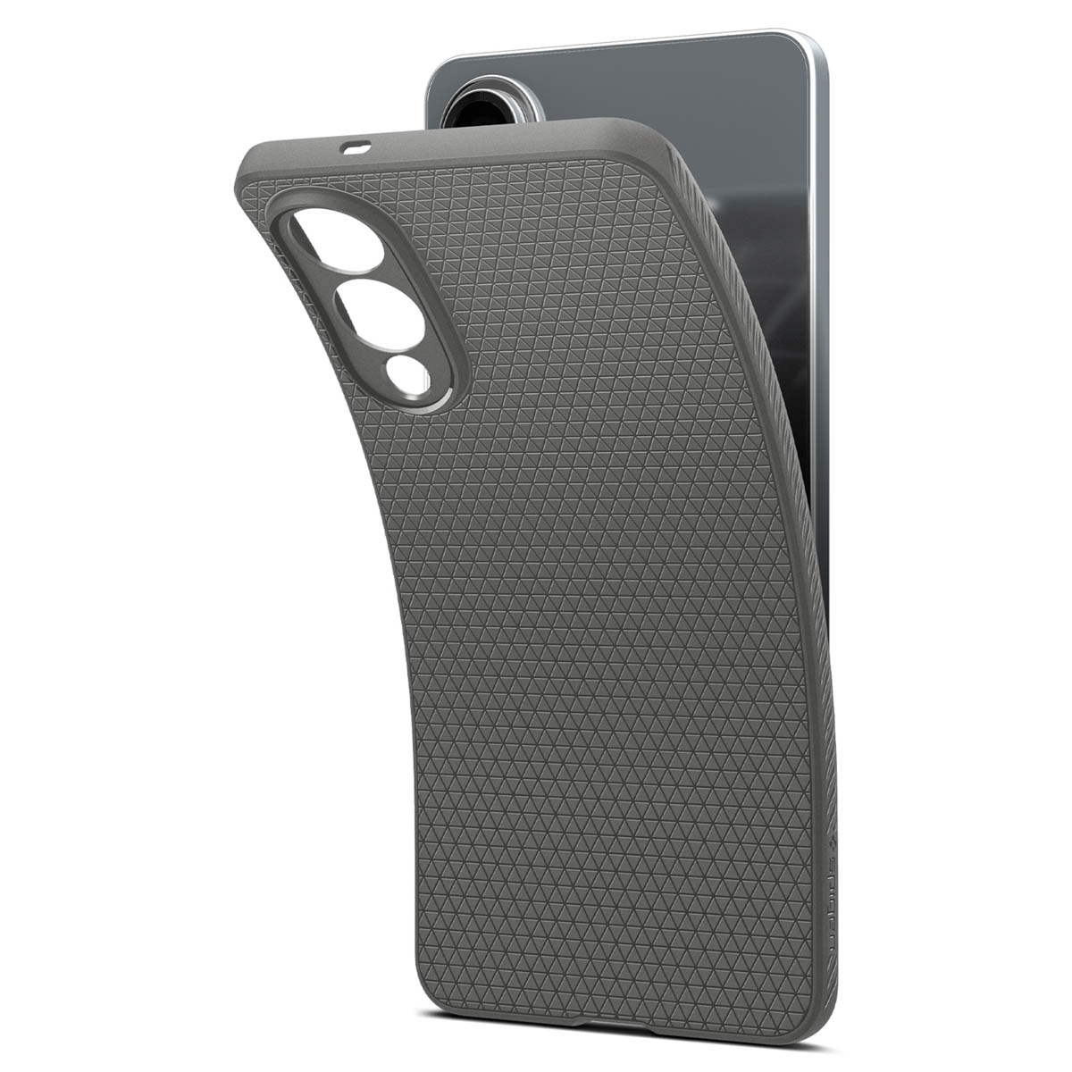 Een telefoonhoesje met een getextureerde grijze achterkant, gedeeltelijk over een telefoon. De hoes is gebogen.