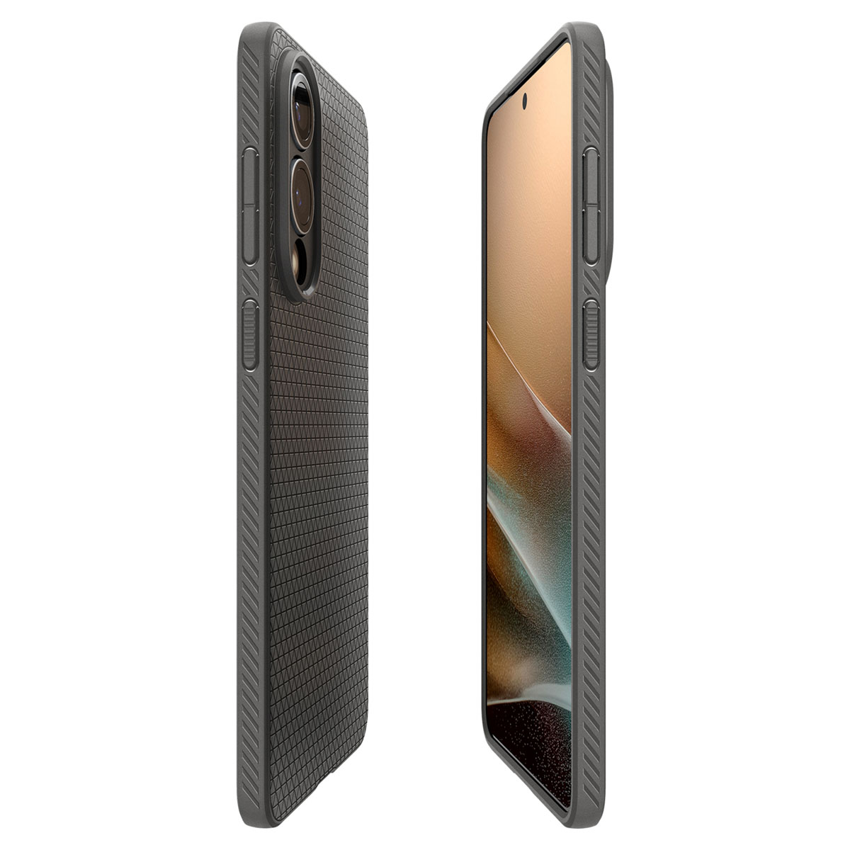 Twee telefoonhoesjes: één met een getextureerde achterkant en camera, de andere toont het scherm.