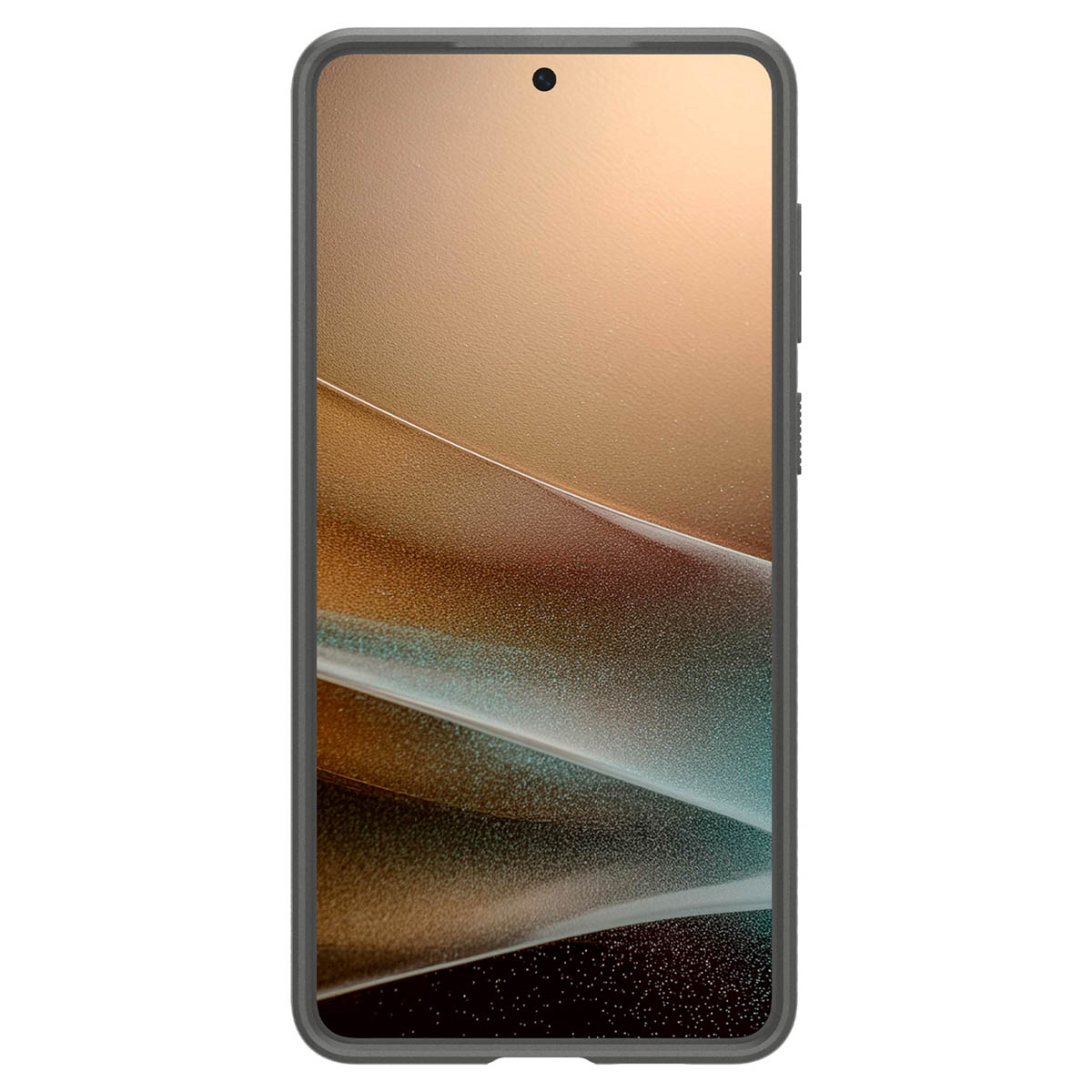 Grijze telefoon met een hoesje. Scherm toont een gouden en blauwe gradiënt. Knoppen zitten aan de zijkant.