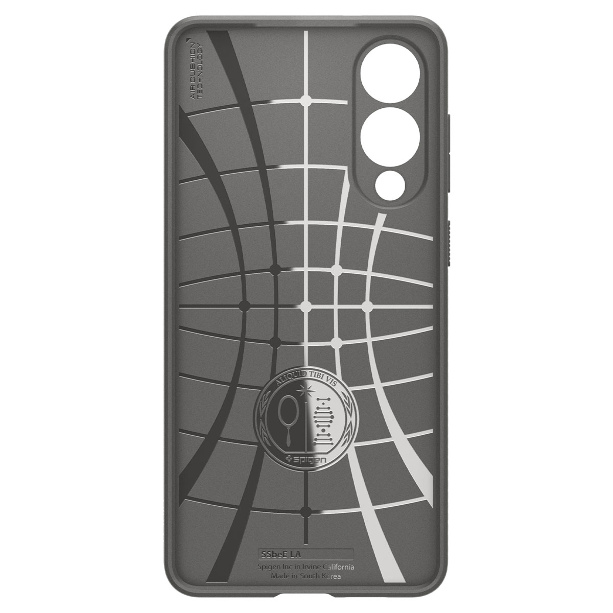 Een telefoonhoesje met een getextureerde grijze achterkant, met een logo en een rasterpatroon.