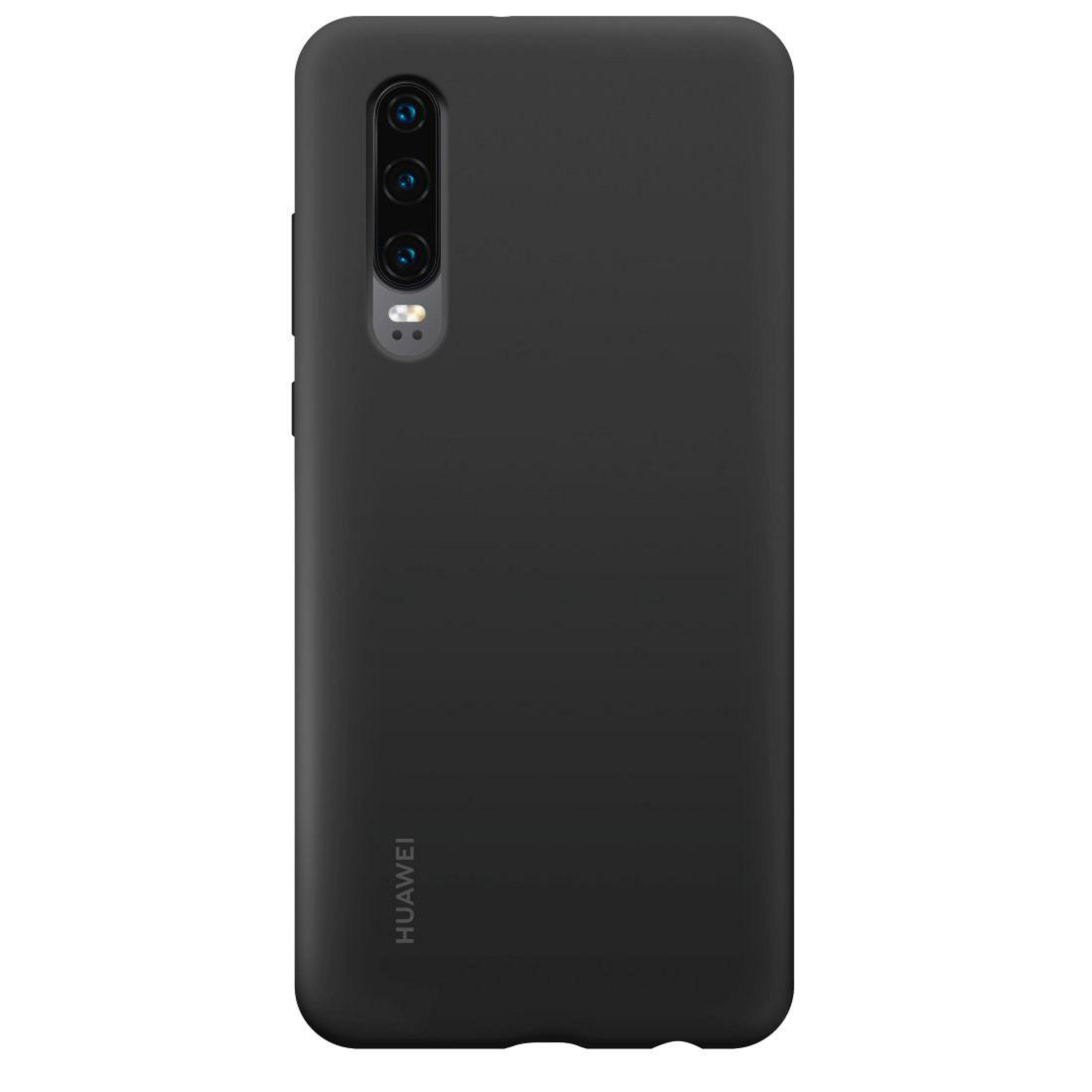 Schwarze Handyhülle. Huawei-Logo unten. Vertikales Kamera-Array oben.