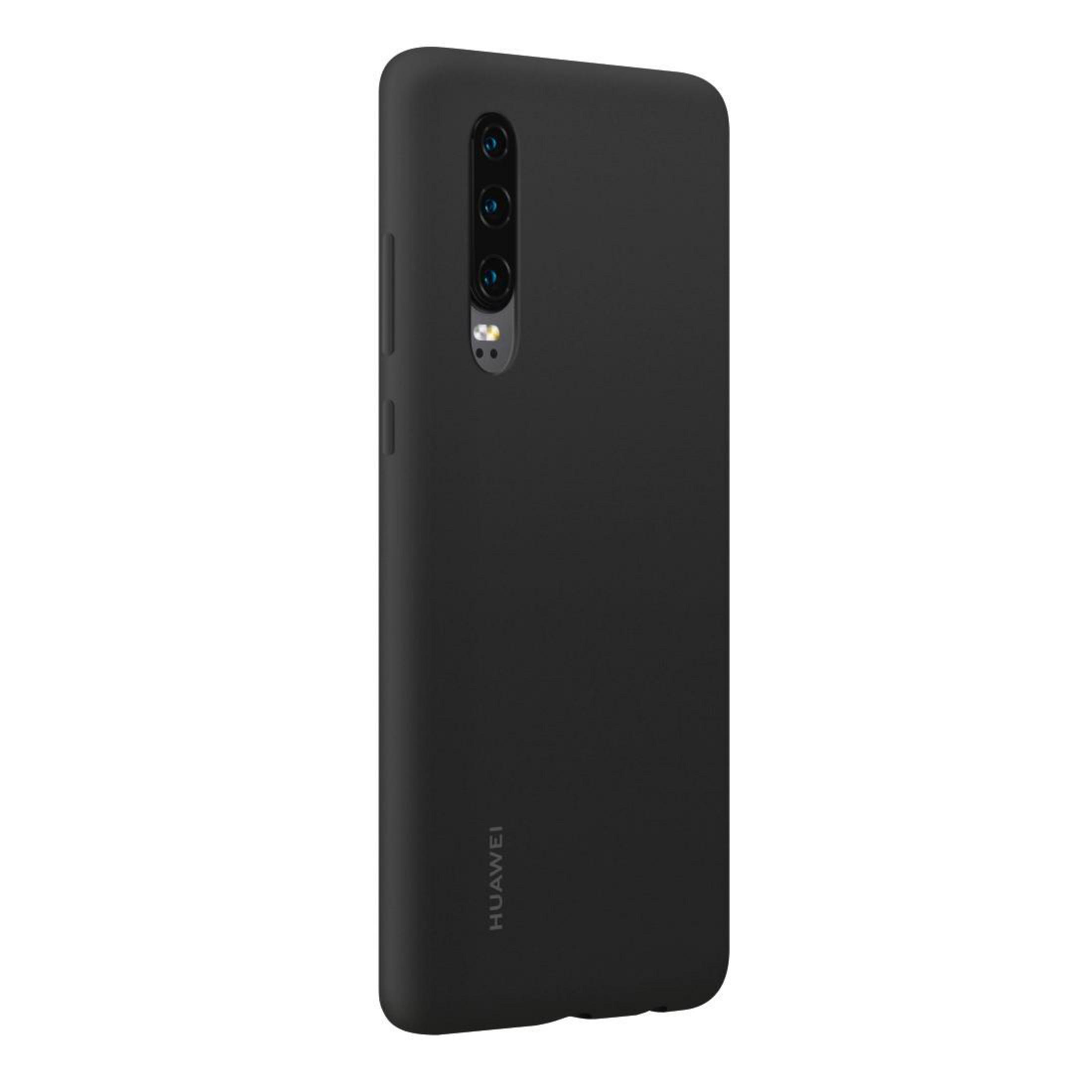Eine schwarze Handyhülle mit Kameraanordnung und dem Wort HUAWEI unten.