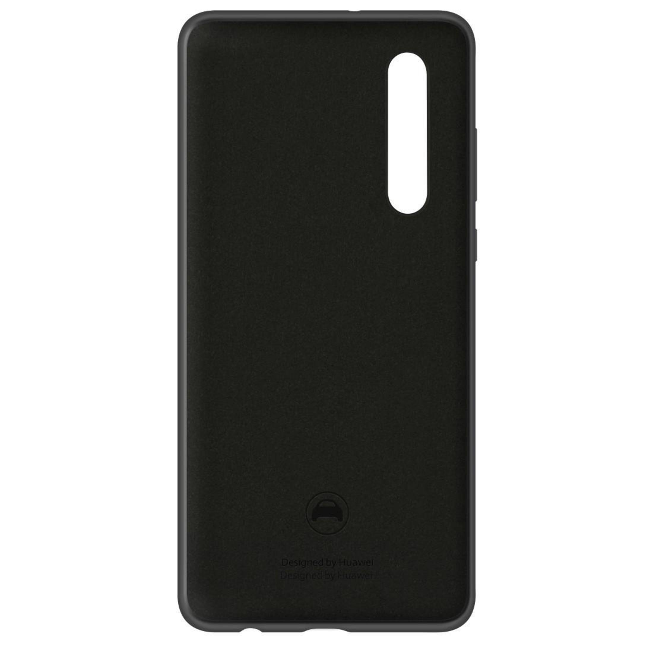 Schwarze Handyhülle mit Aussparung für die Kamera. Entworfen von Huawei steht unten.