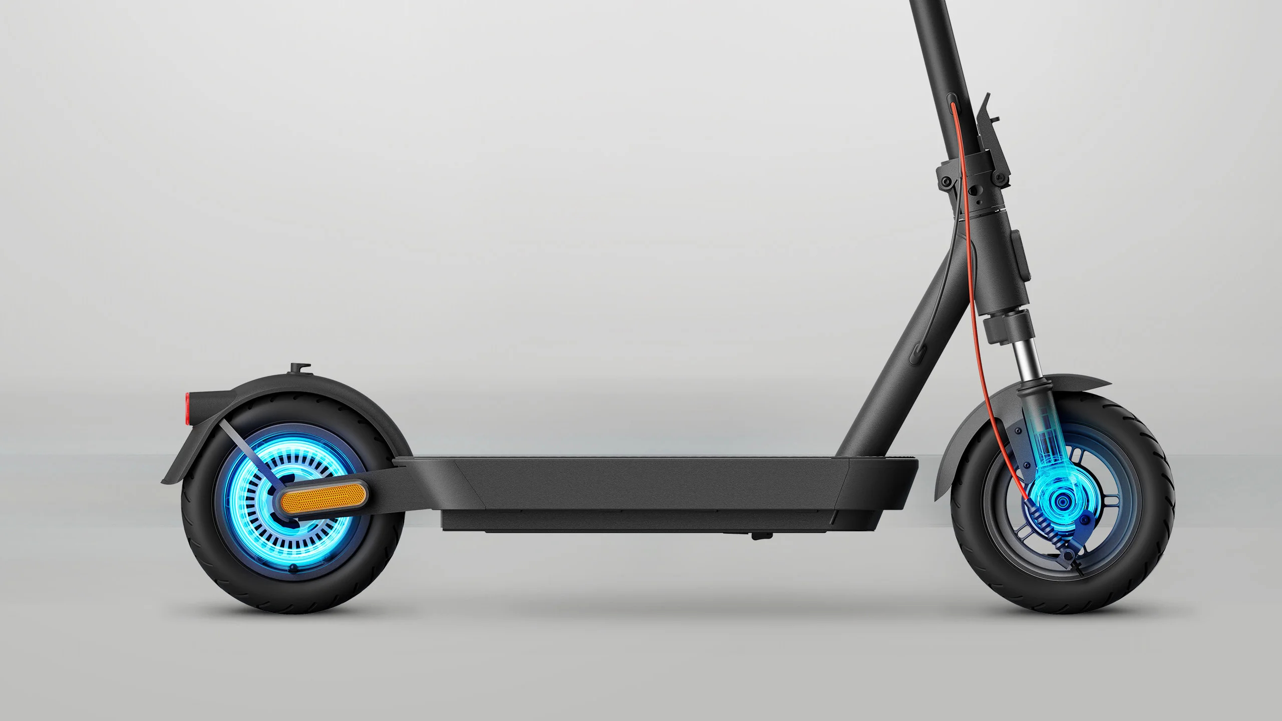 Scooter elettrico nero, vista laterale, ruota blu brillante, design dettagliato su sfondo grigio chiaro.