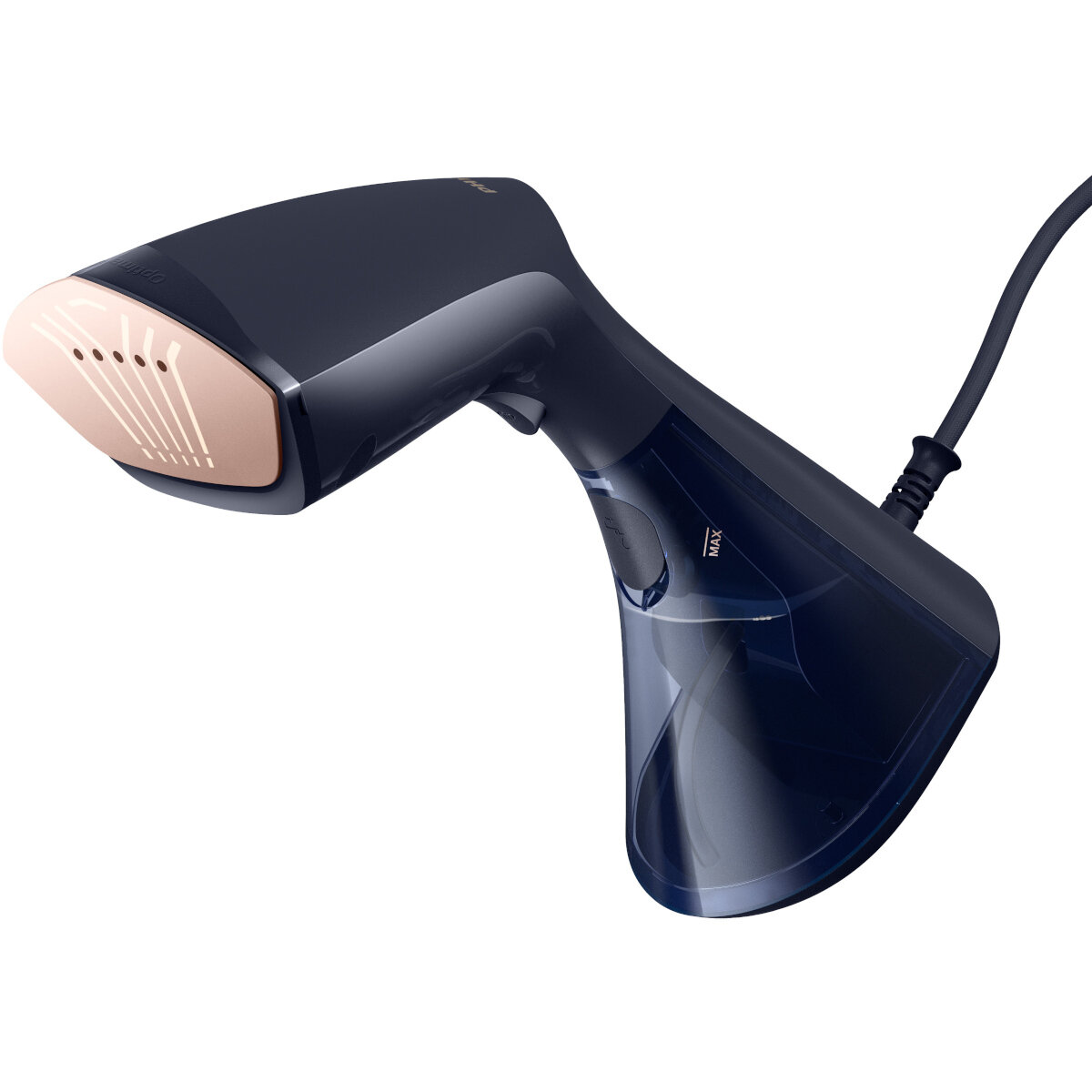 Un vaporizzatore per abiti portatile blu scuro con una testina a vapore color oro rosa. Cavo di alimentazione nero visibile.