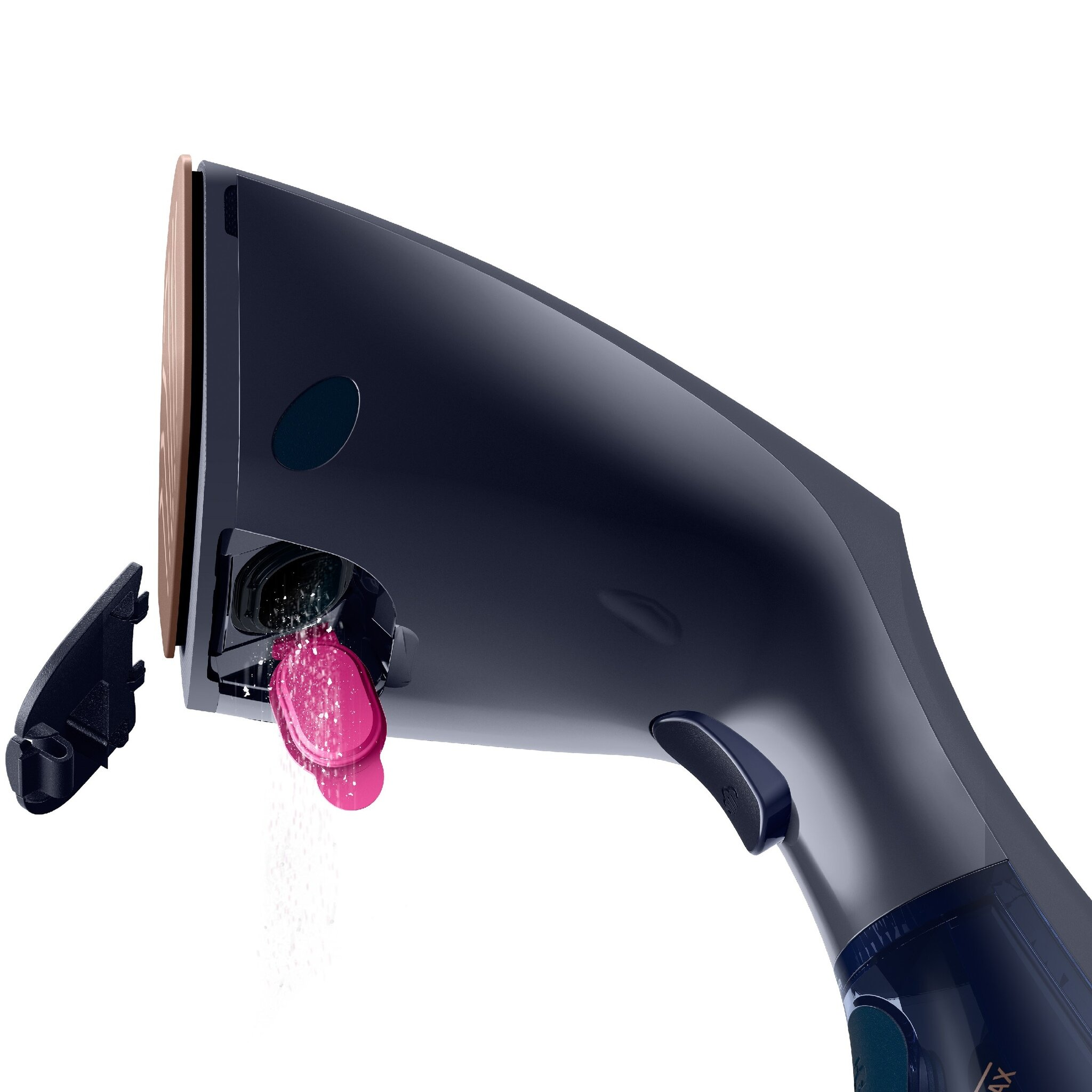 Primo piano di un vaporizzatore portatile con goccioline d'acqua rosa, design nero e oro.