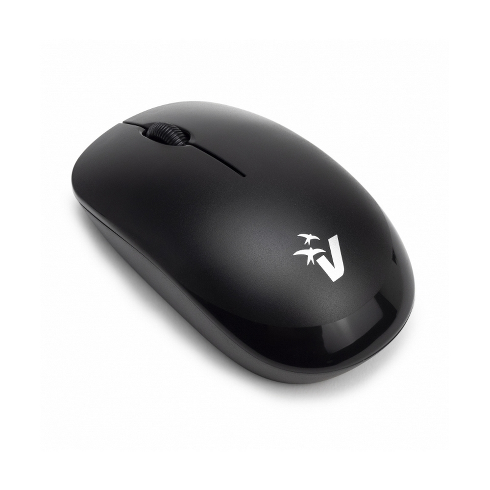 Zwarte computermuis met scrollwiel en logo van twee vogels op een wit oppervlak.
