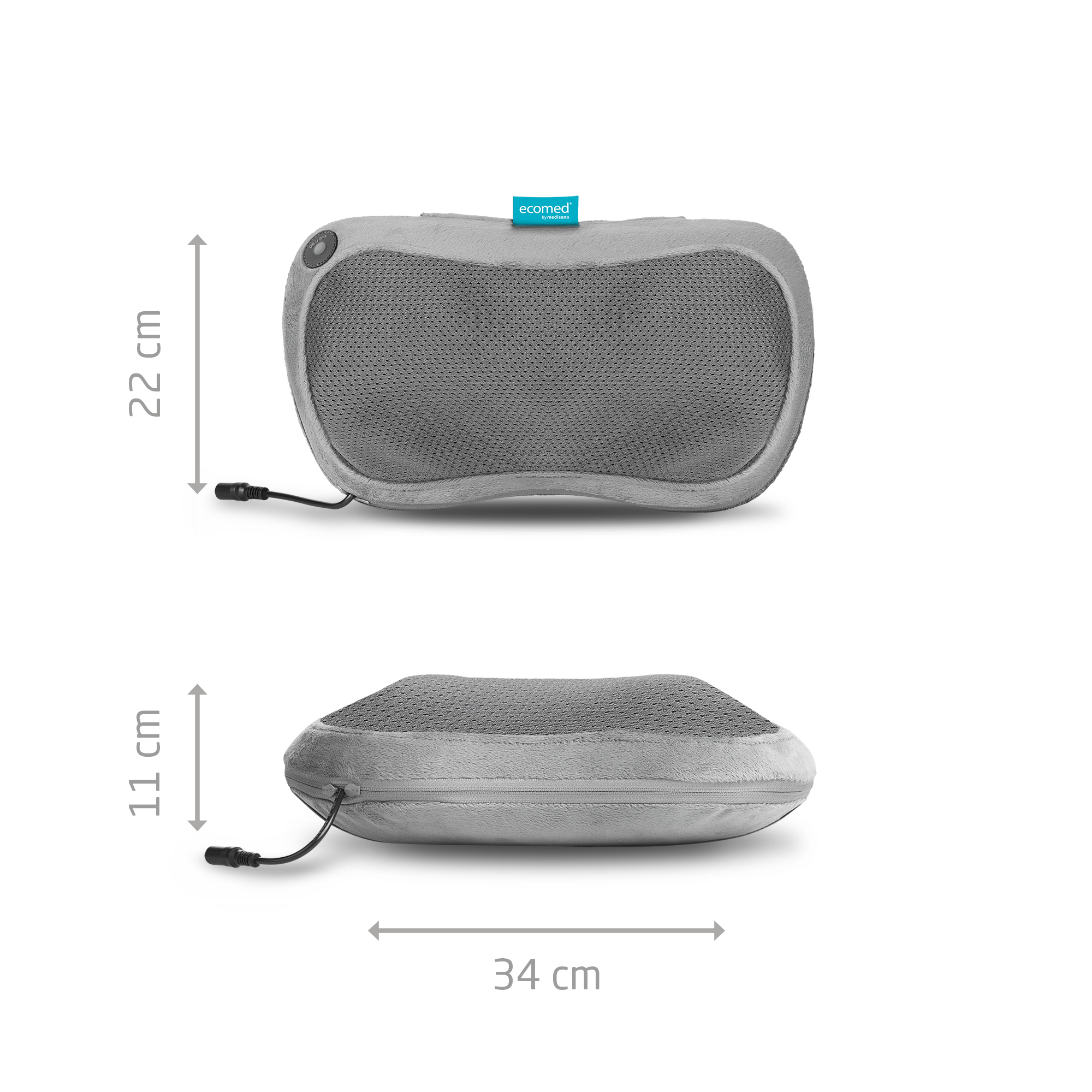 Szara poduszka do masażu z wymiarami w centymetrach. Białe tło.