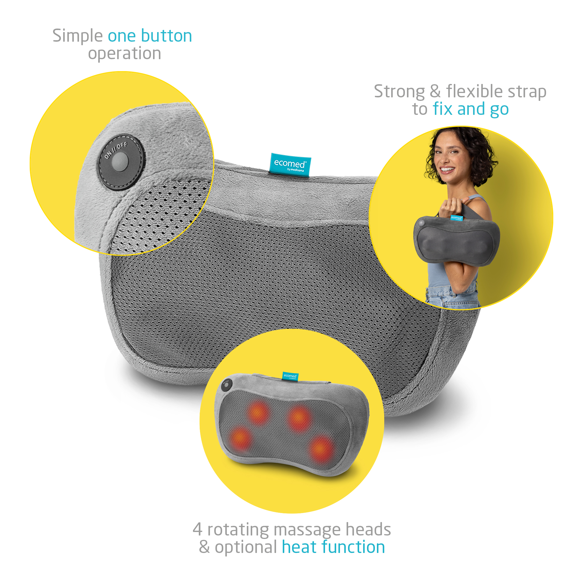 Diagram z szarą poduszką do masażu i opisami jej cech. Białe tło.