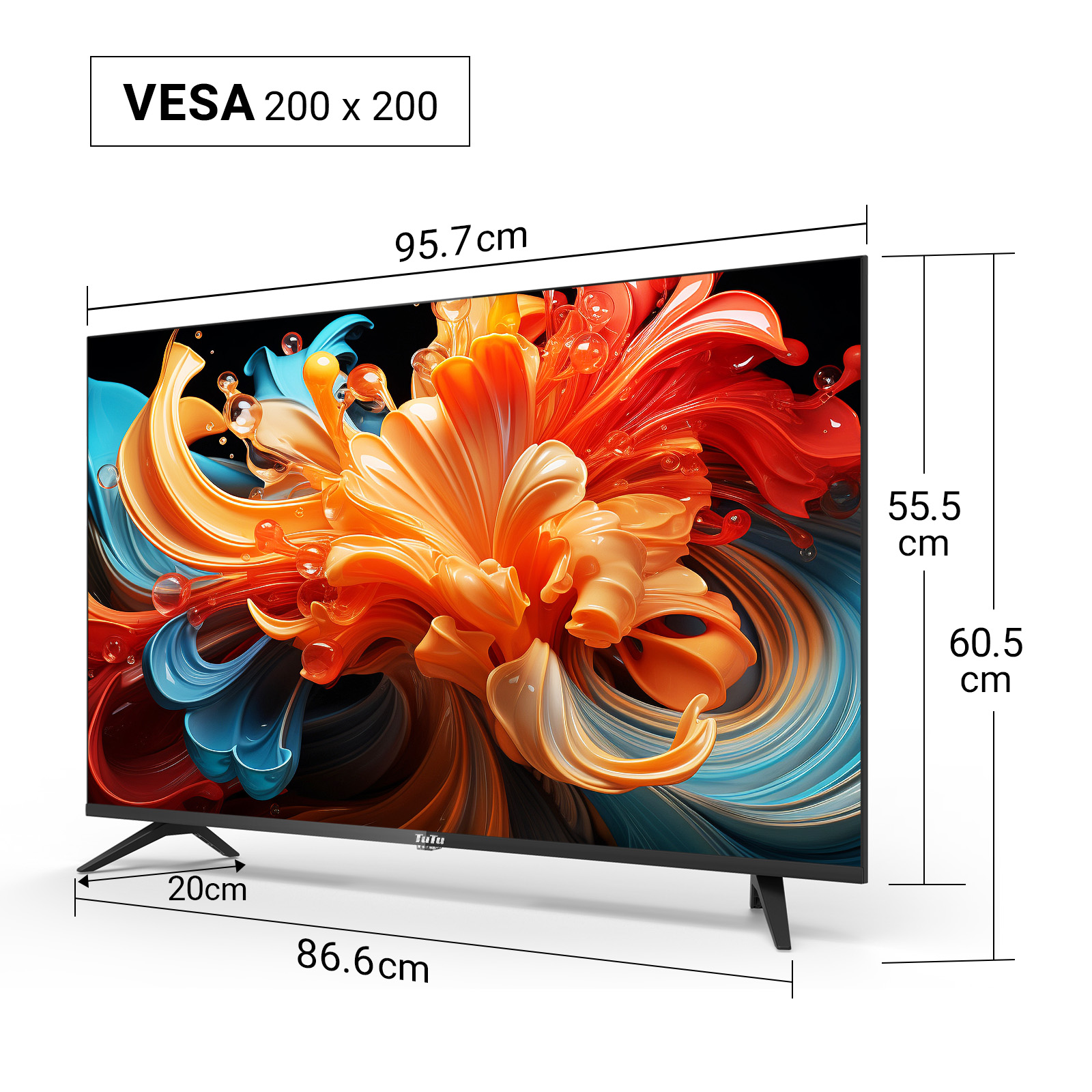 Ein Fernseher mit einem abstrakten, farbenfrohen Blumendesign. Er hat angezeigte Abmessungen und eine VESA 200x200 Halterung.