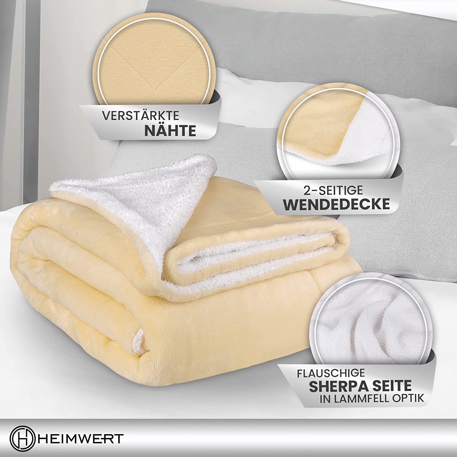 Eine gelbe Decke mit weißem, flauschigem Futter ist auf einer weißen Oberfläche gefaltet.