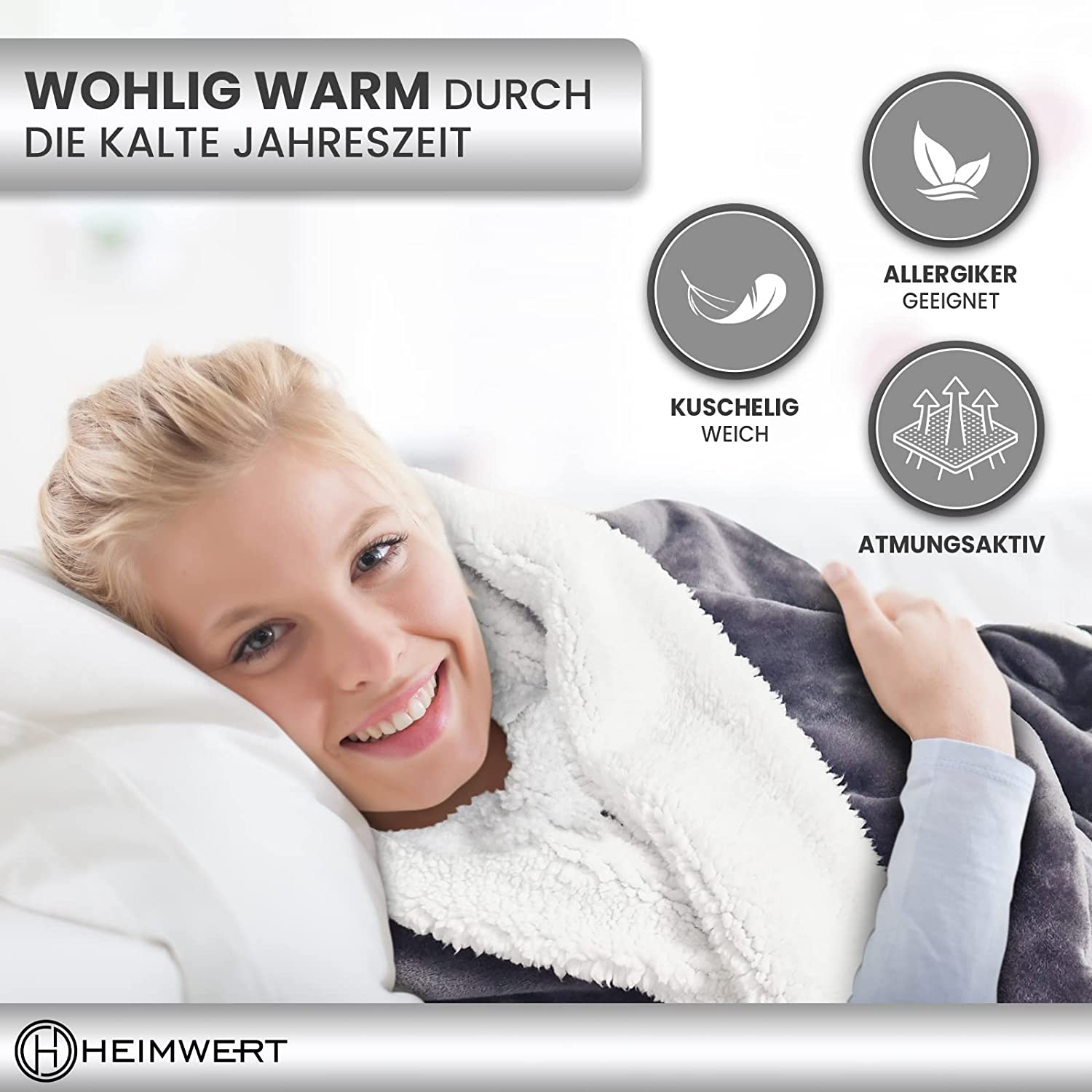Eine lächelnde Frau ist in eine graue Decke mit weißem, flauschigem Innenfutter gehüllt. Rechts sind Symbole.