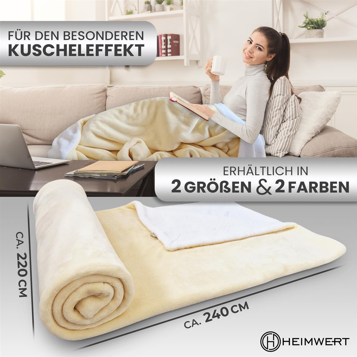 Frau auf Couch liest, Decke im Vordergrund. Gerollte und gefaltete Decke. Text: 'In 2 Größen und Farben erhältlich.'