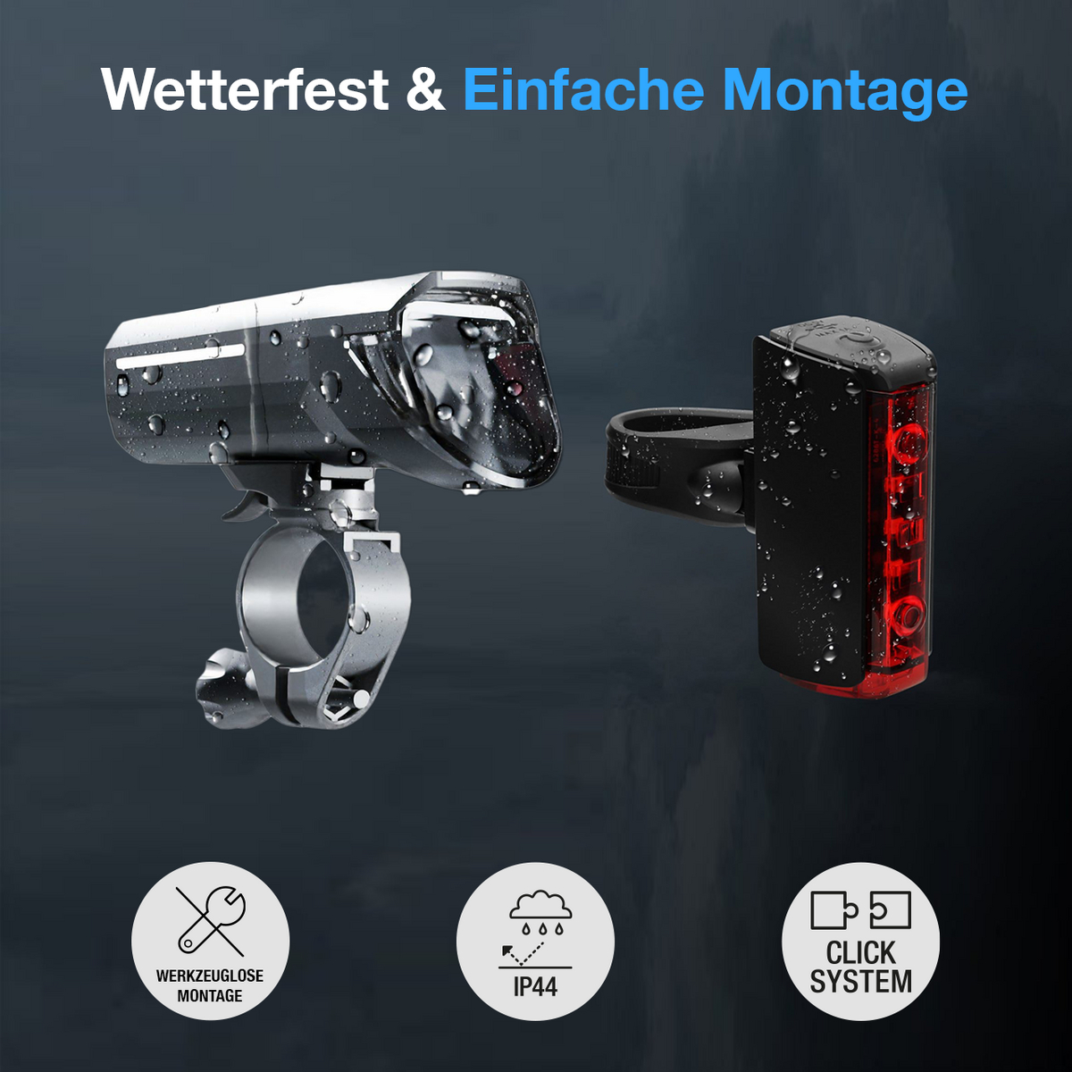 Zwei Fahrradlichter auf schwarzem Hintergrund. Eines ist ein Frontlicht, das andere ein Rücklicht. Symbole zeigen werkzeugfrei.