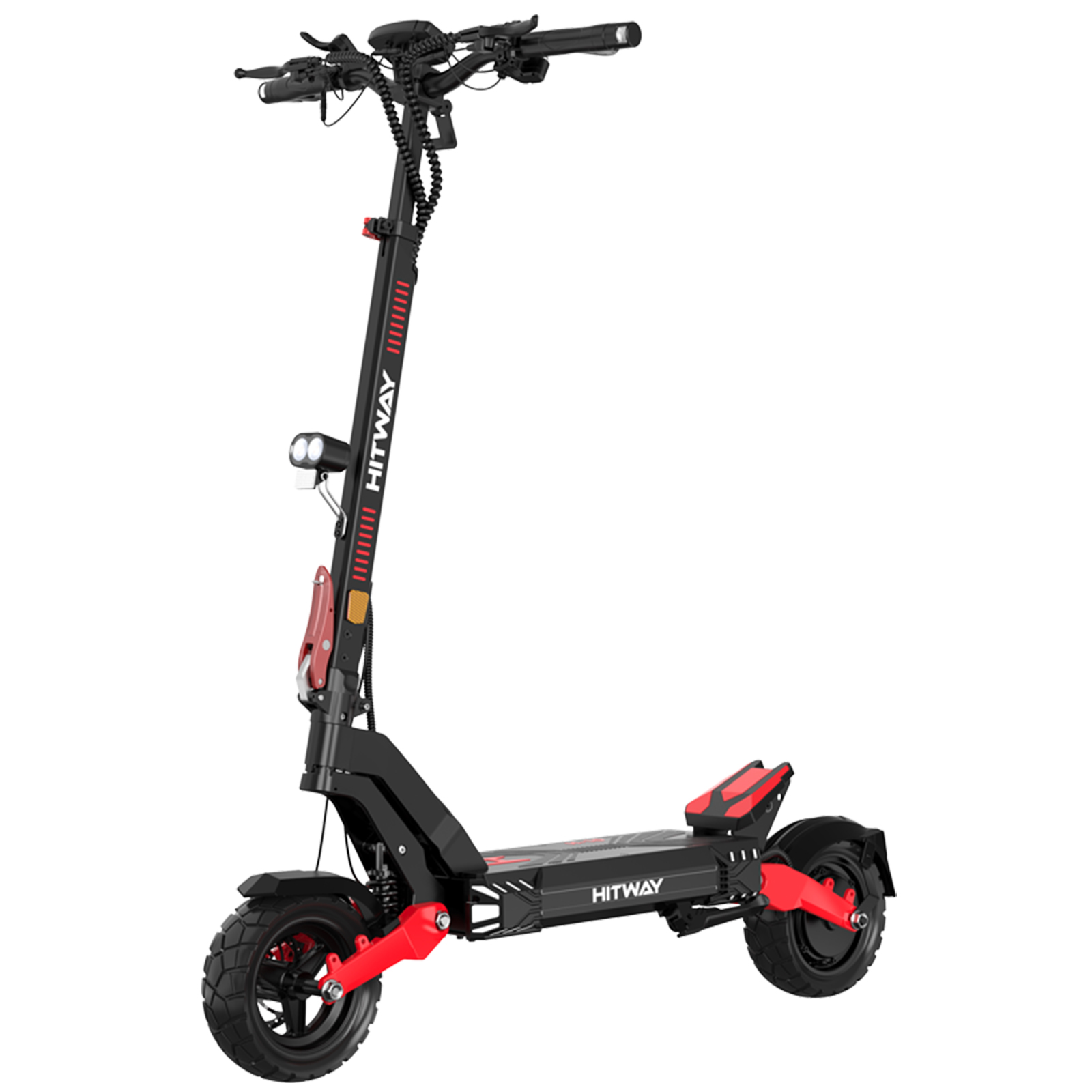 Uno scooter elettrico Hitway nero e rosso è mostrato su uno sfondo bianco in uno scatto in studio.