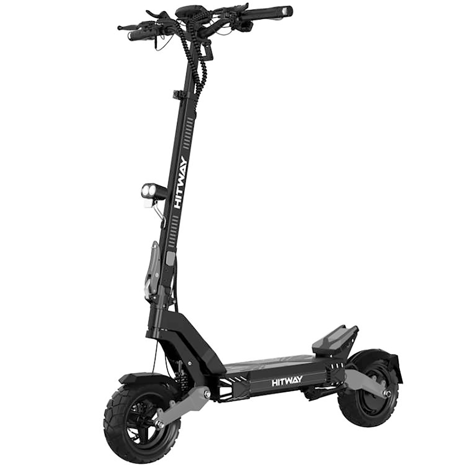 Uno scooter elettrico Hitway nero è mostrato su uno sfondo bianco in uno scatto in studio.