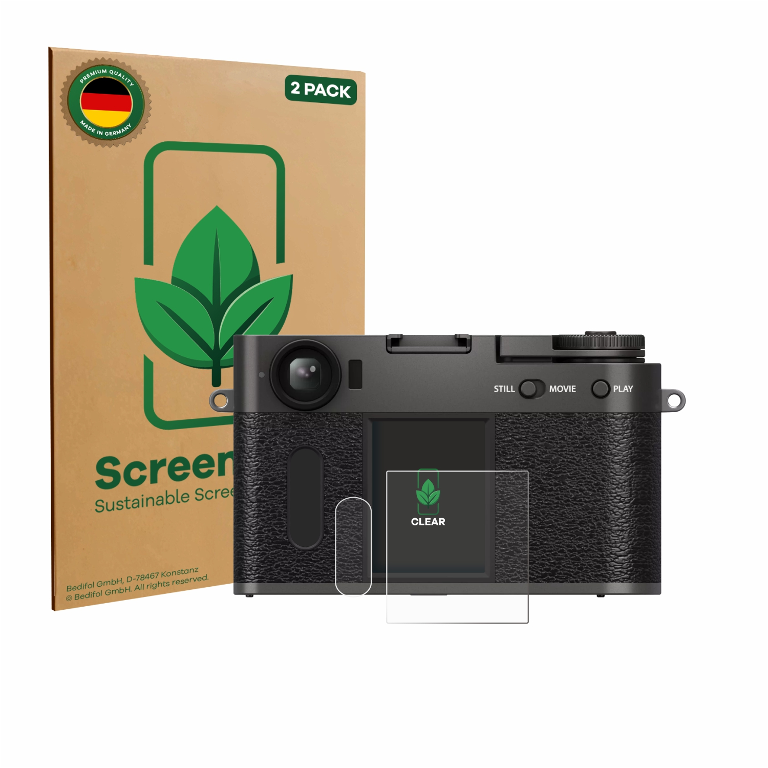 ScreenLeaf nachhaltiger Displayschutz für eine Kamera, gezeigt mit Verpackung und einer Kamera.
