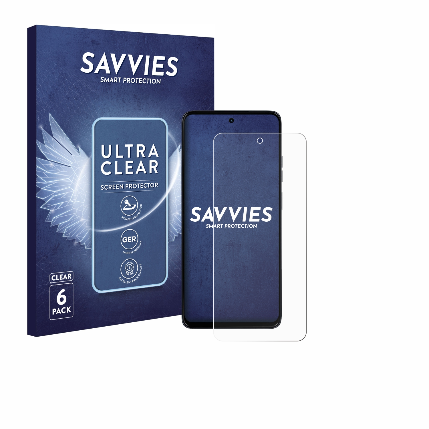 Eine Displayschutzfolienpackung und ein Telefon mit Displayschutzfolie werden gezeigt. Die Displayschutzfolienbox befindet sich links, das Telefon rechts.