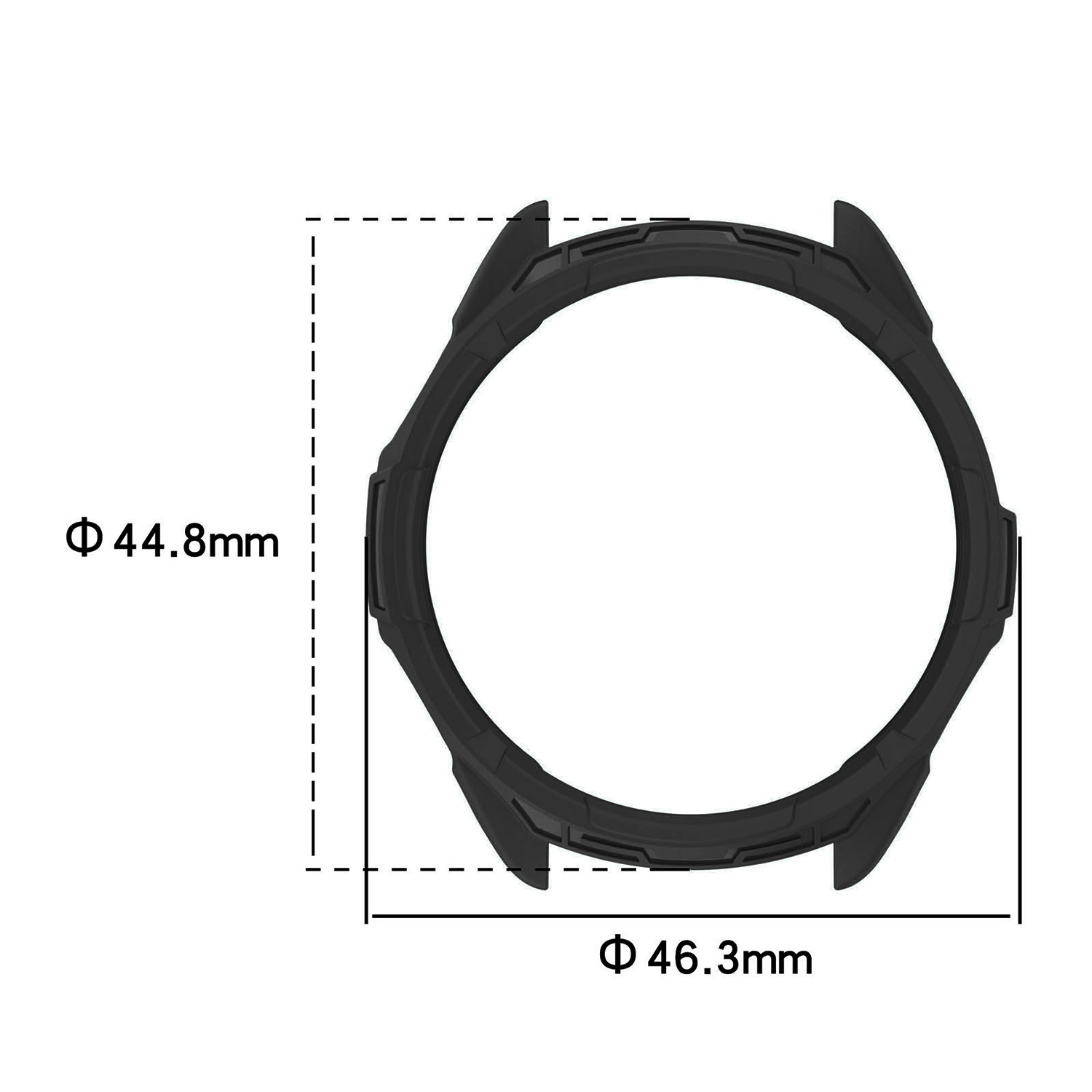Czarny ochraniacz zegarka, widok z góry ze wskaźnikami rozmiaru: 44,8 mm, 46,3 mm.