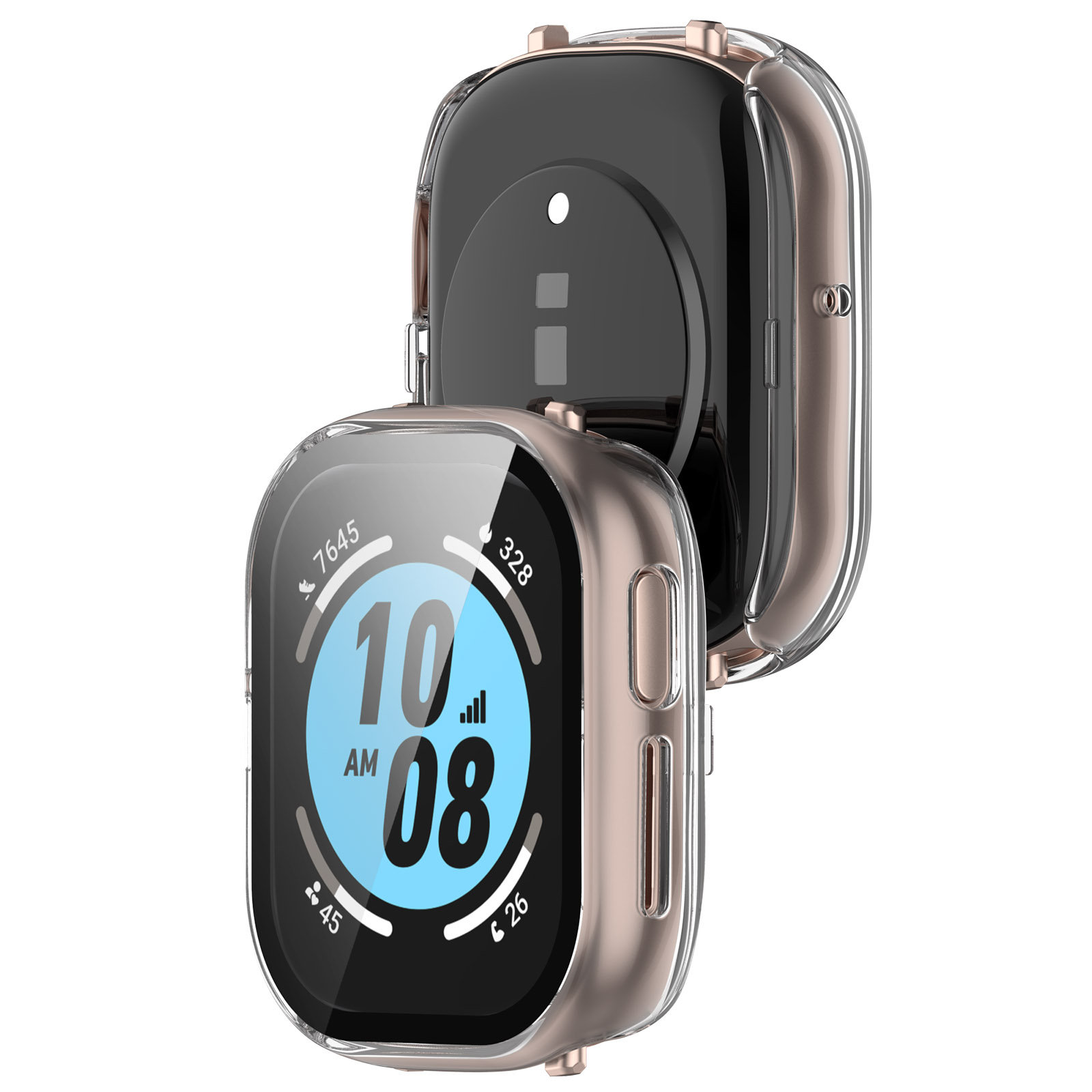 Smartwatch con custodia, mostra l'ora 10:08 e altre statistiche sullo schermo.