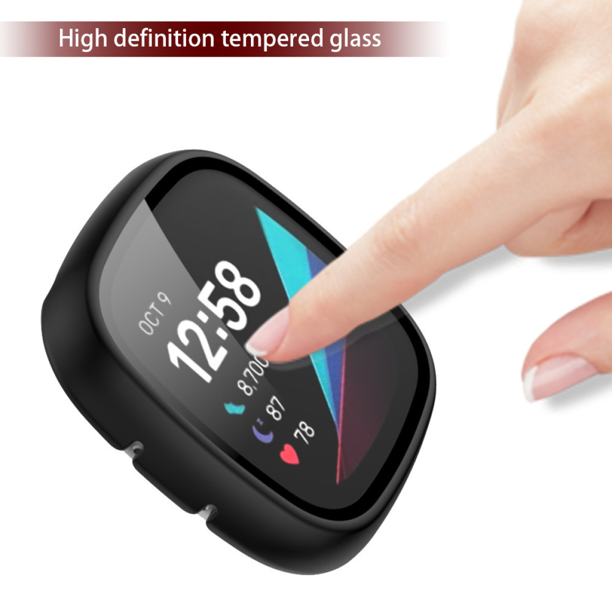 Schwarze Uhr mit schwarzem Gehäuse, gehalten von einer Hand, mit Text 'High definition tempered glass'.