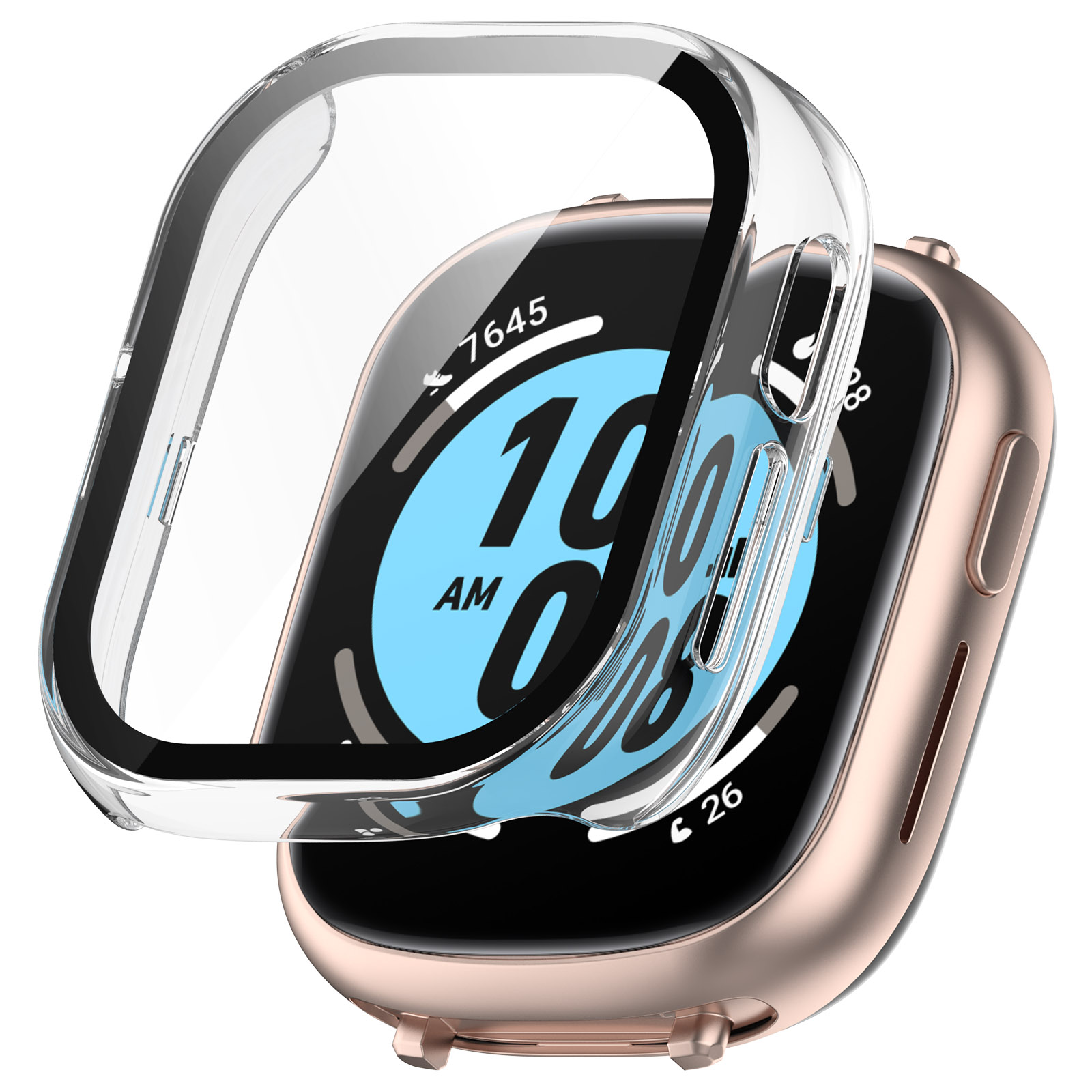 Smartwatch con custodia aperta, mostra l'ora 10:08 e le statistiche.