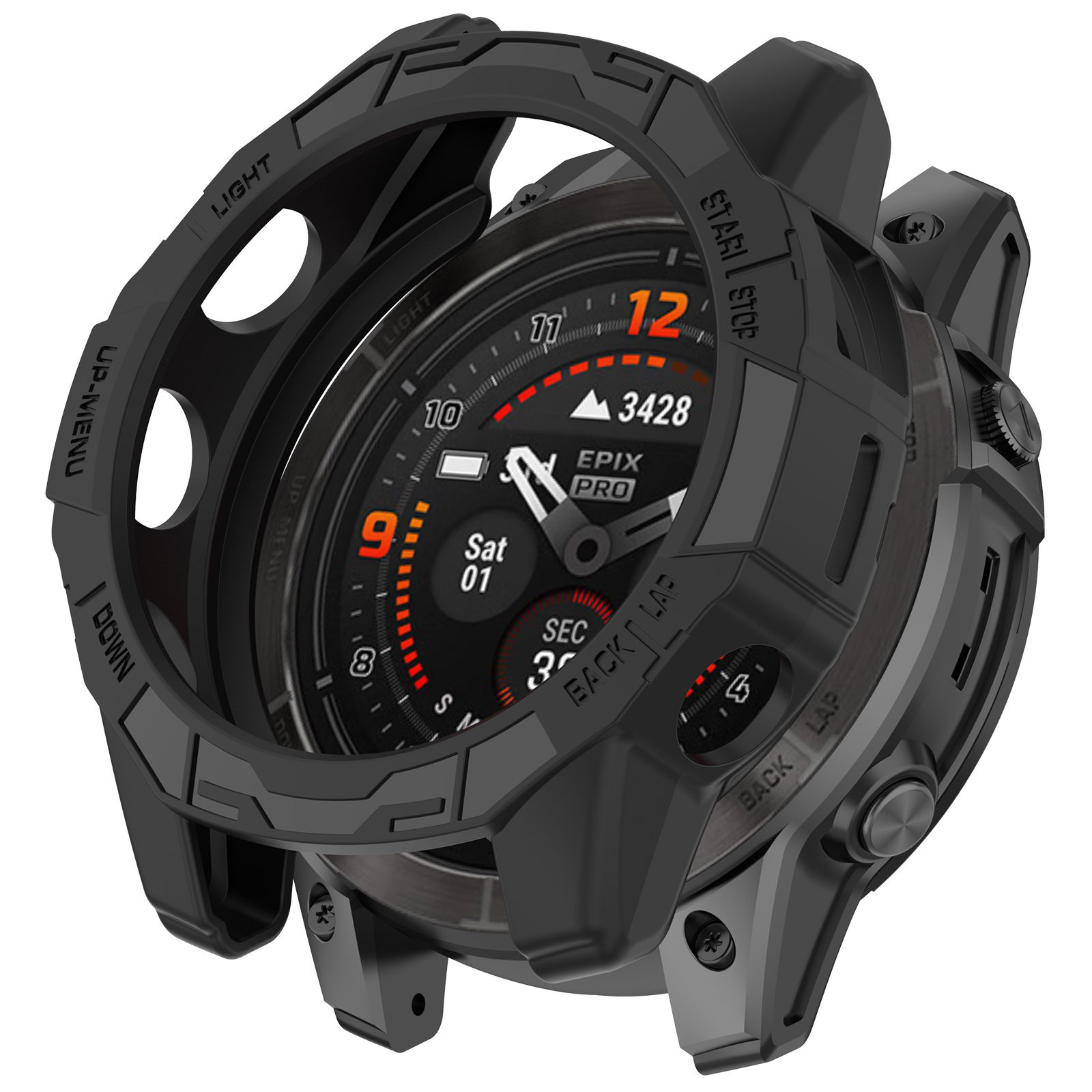Czarny smartwatch z ochronnym etui. Wyświetlacz pokazuje czas i dane. Przyciski i szczegóły widoczne z boku.