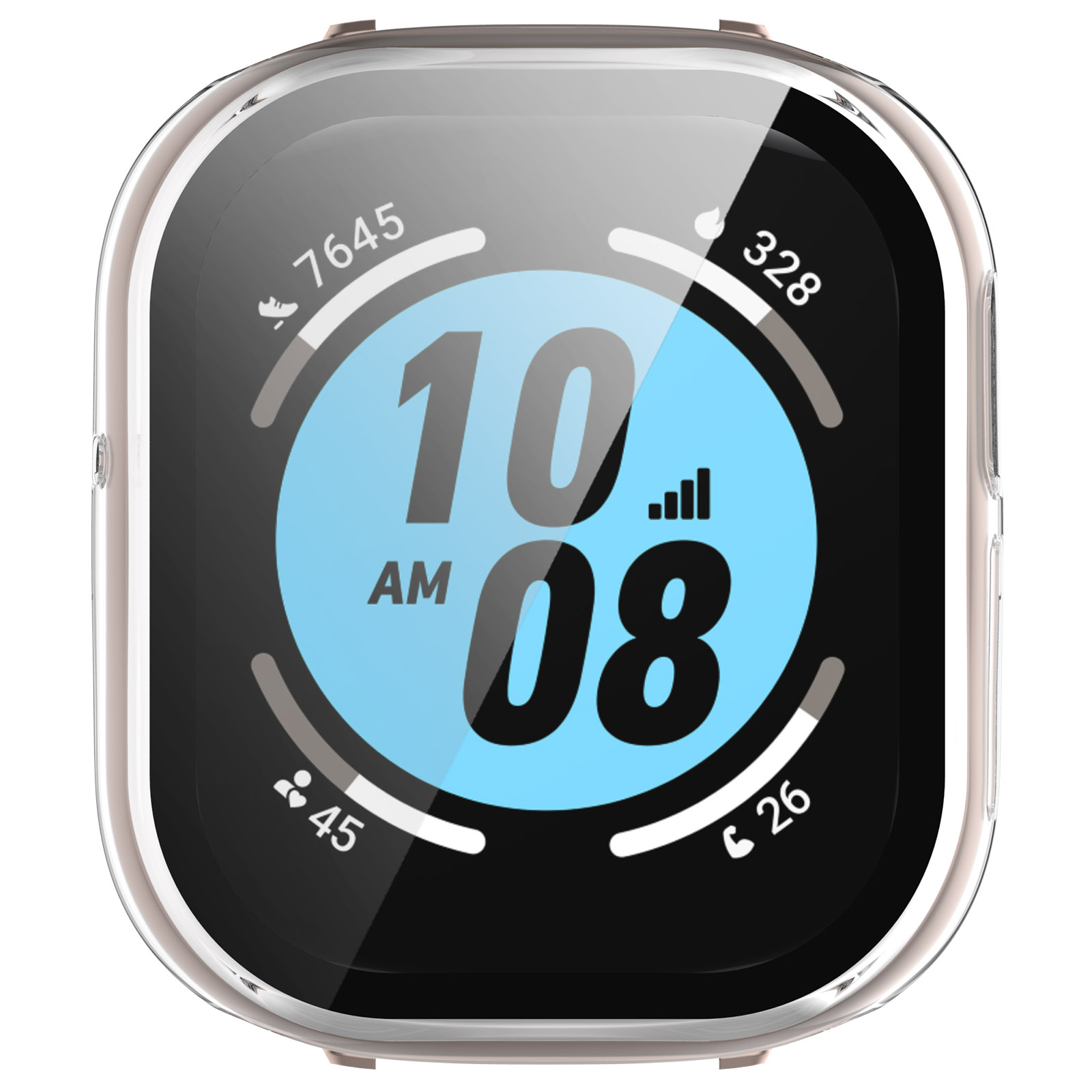Schermo smartwatch con ora 10:08, statistiche, in custodia.