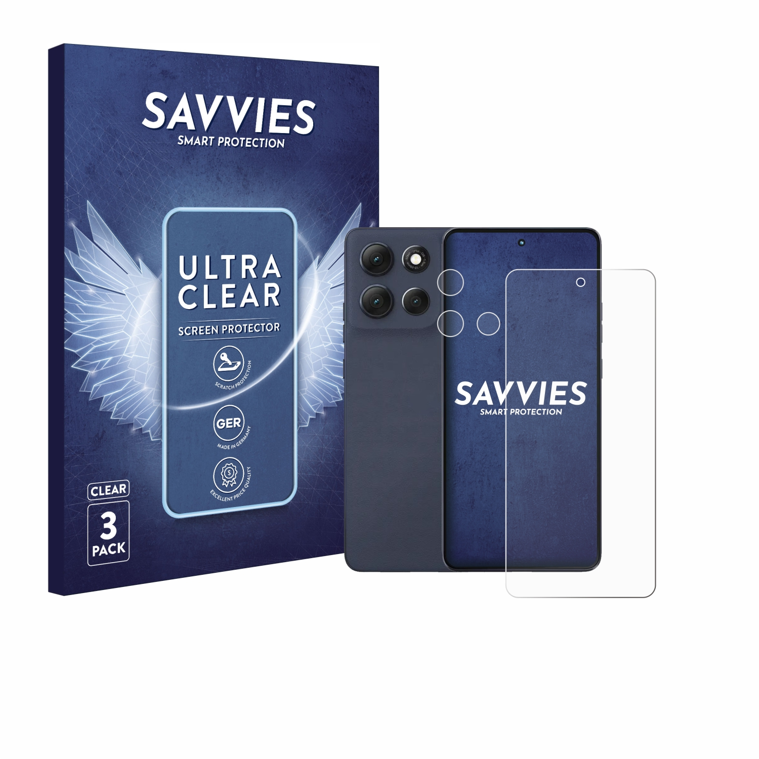 Ein Smartphone, Displayschutz und Verpackung auf weißem Hintergrund.